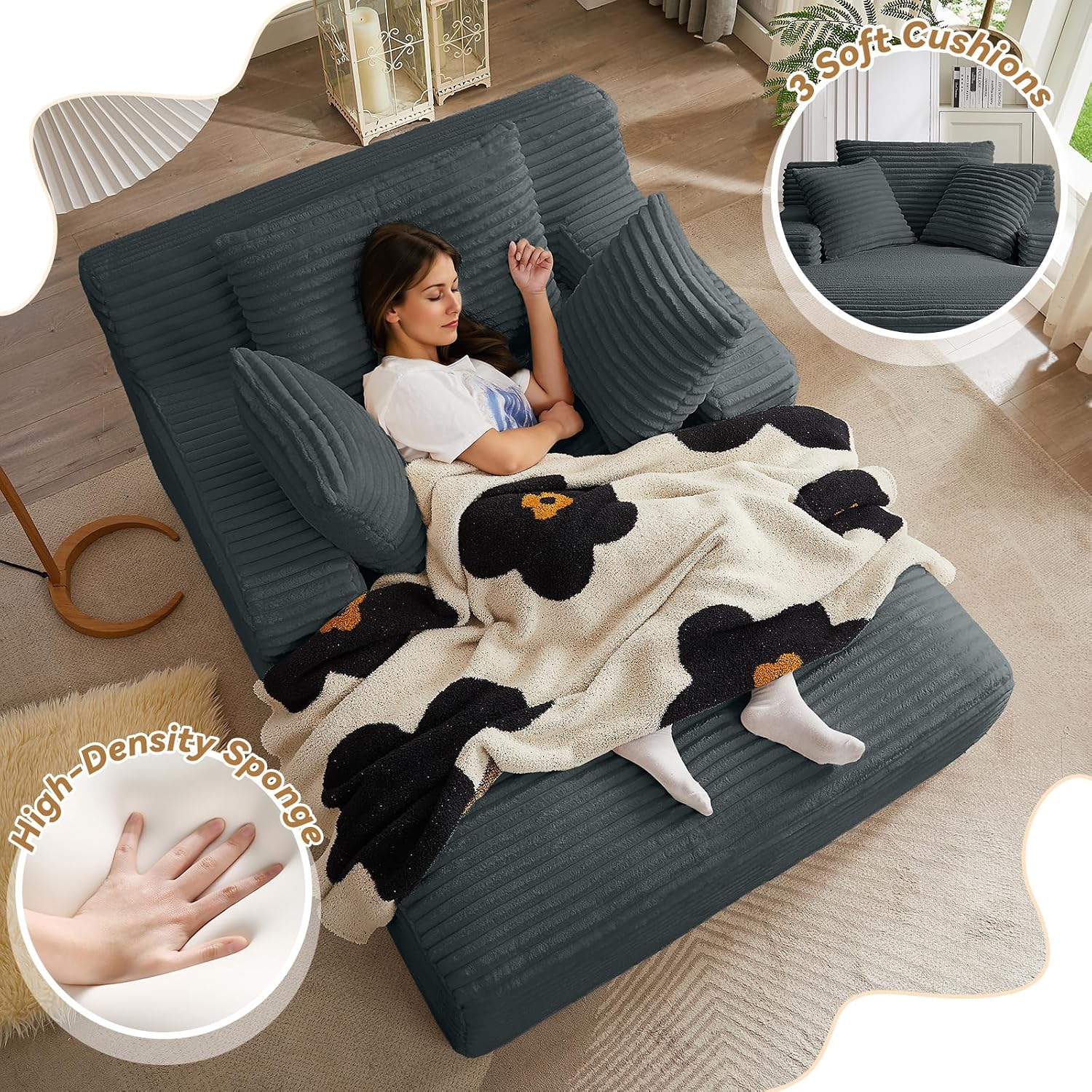Oversized Chaise Lounge Chair Indoor, 66' Cloud Boneless Sleeper Couch Corduroy Upholstered Sofa Bed Deep Seat Comfy Reading Chair with 3 Pillows for Living Room Bedroom, Dark Grey