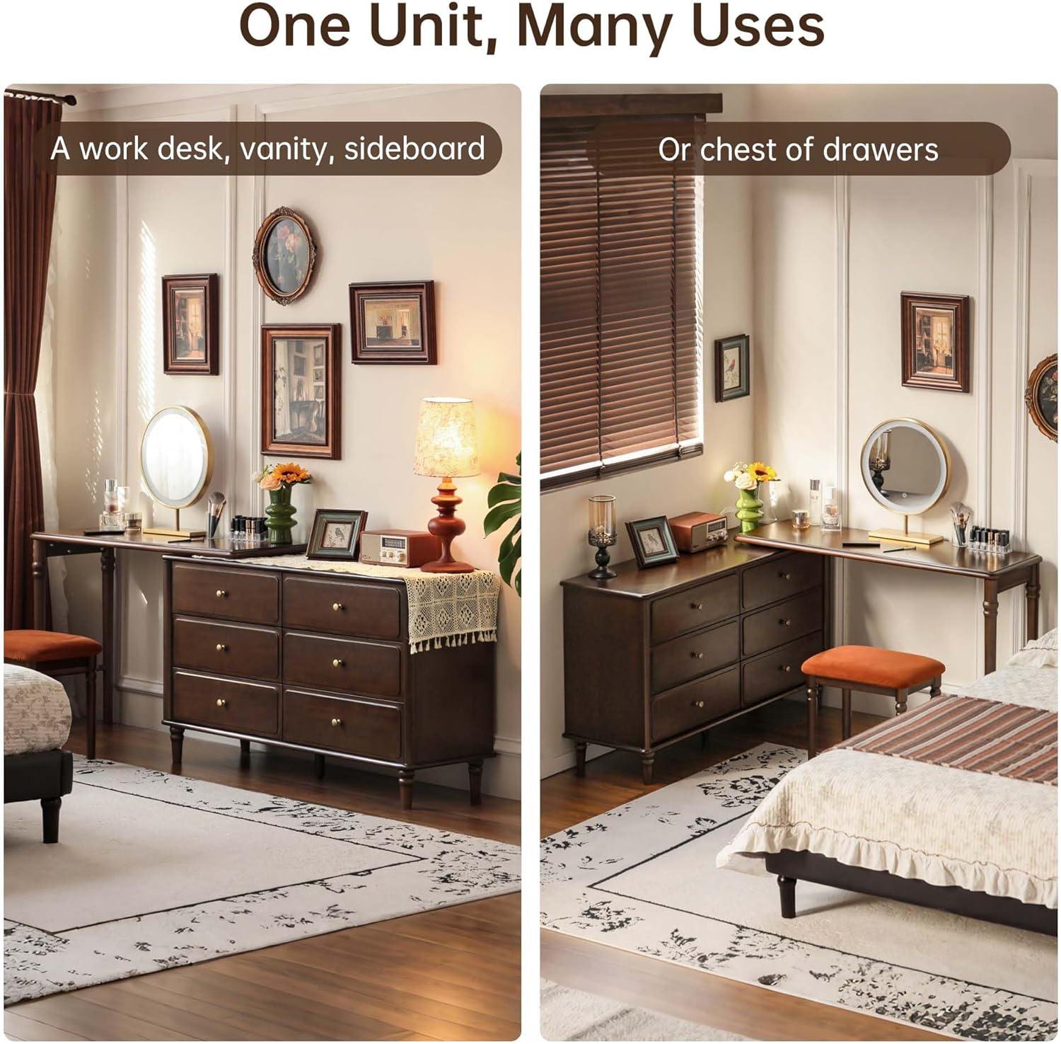YESWOOD Large Vanity Desk with 6 Storage Dresser, Poplar Wood Adjustale Makeup Table for Girls, Vanity Set for Bedroom, Living Room, 97' D x 16' W x 31' H（no Chair no Mirror）