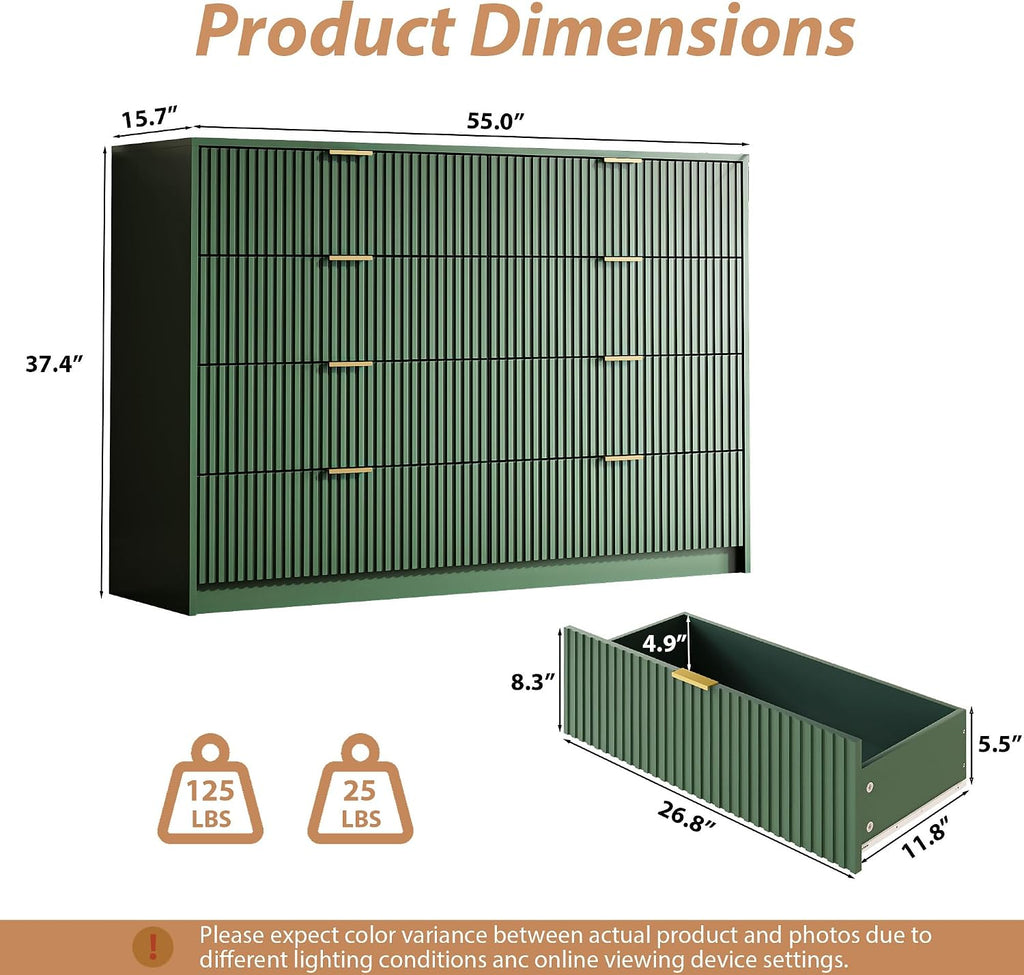 MAISONARIA Green Dresser for Bedroom, 8 Drawer Double Dresser, Modern Chest of Drawers for Bedroom, Living Room, Entryway and Closet, 55' L x 15.7' D x 37.4' H