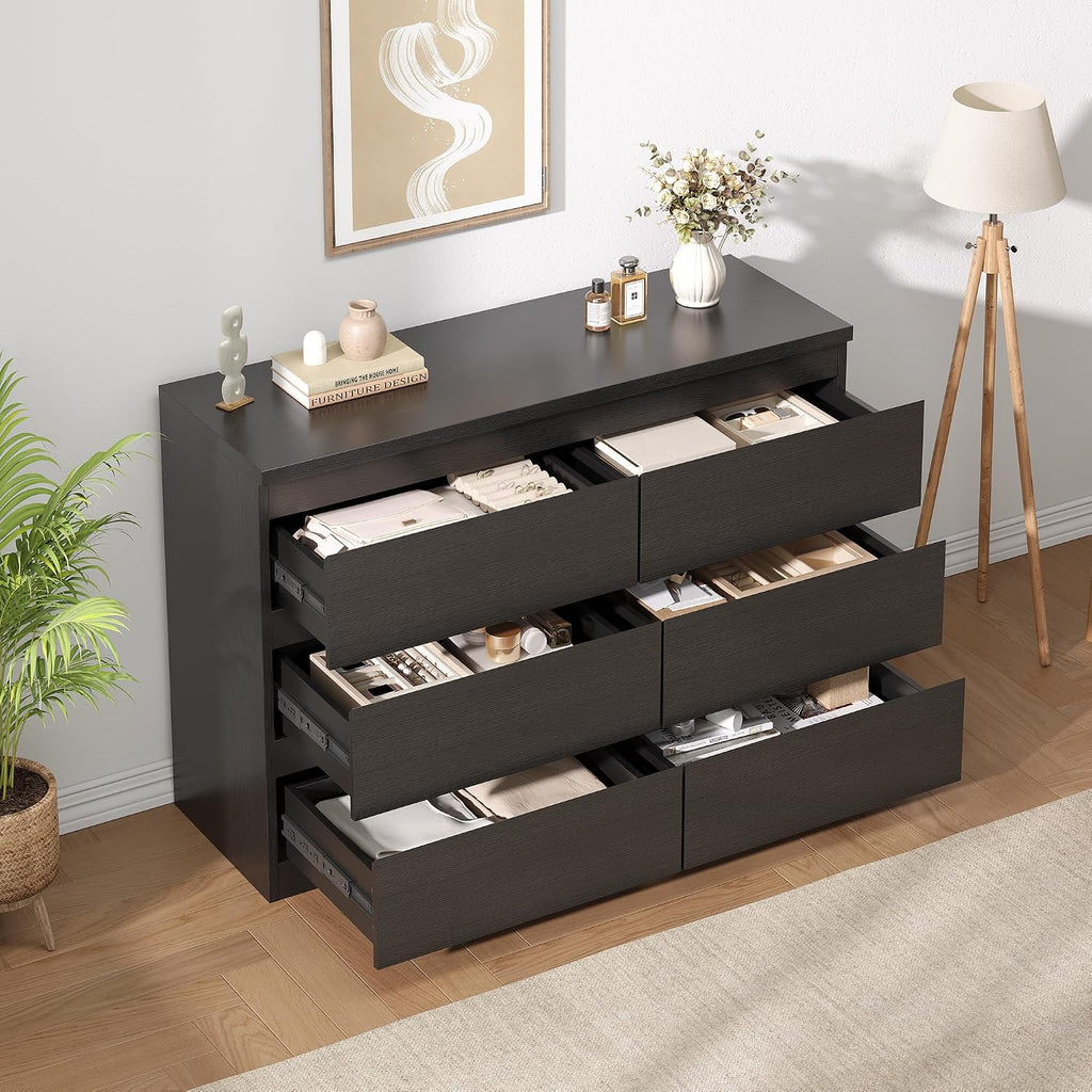 Jocoevol Modern 6 Drawer Dresser Black Dresser for Bedroom, Simply Chest of Drawers, Wood Storage Dresser with Deep Drawers for Living Room Hallway Entryway, Black