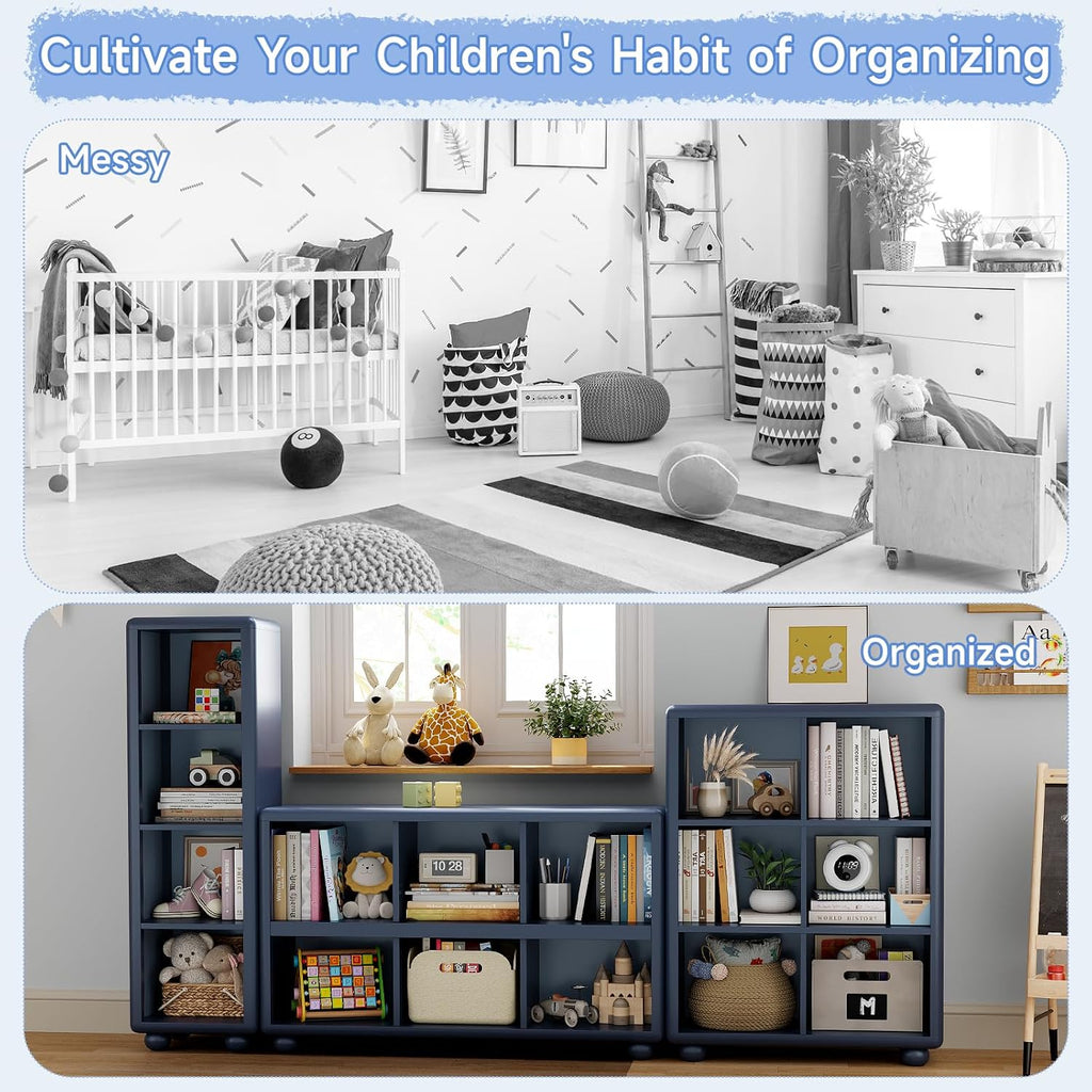 Kids Bookshelf, Large Wooden Bookcase with 6 Cube Storage, Girl Toy Storage Organizer Cabinet with Child Safe Paint&Thick Board, Boy Tall Book Shelves Nook for Office Playroom Living Room (Navy Blue)