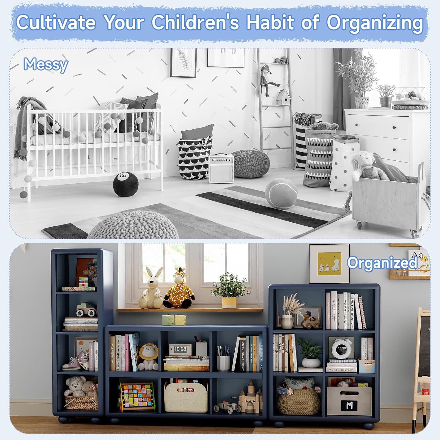 Kids Bookshelf, Large Wooden Bookcase with 6 Cube Storage, Girl Toy Storage Organizer Cabinet with Child Safe Paint&Thick Board, Boy Tall Book Shelves Nook for Office Playroom Living Room (Navy Blue)