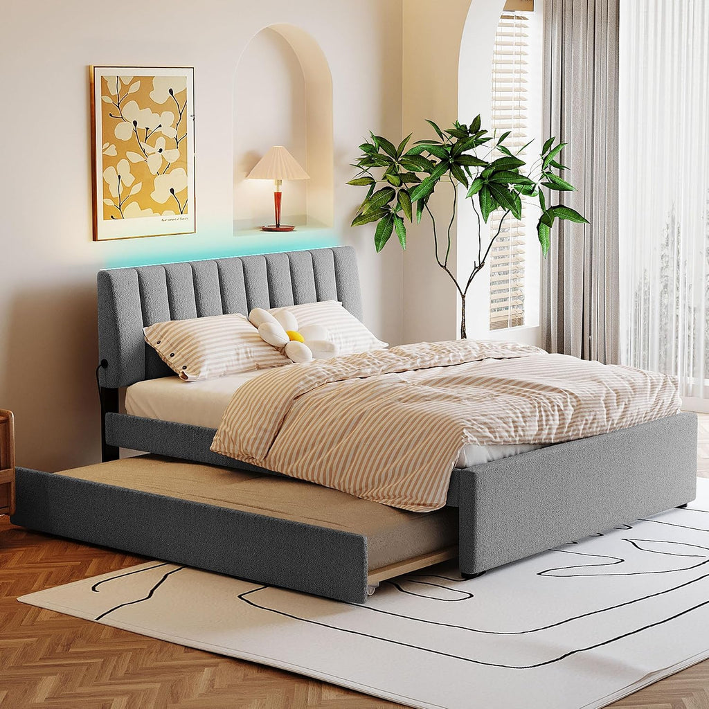 Teddy Fleece Queen Size Upholstered Platform Bed Frame for Boys Girls Kids Adults Toddler with Trundle, Gray