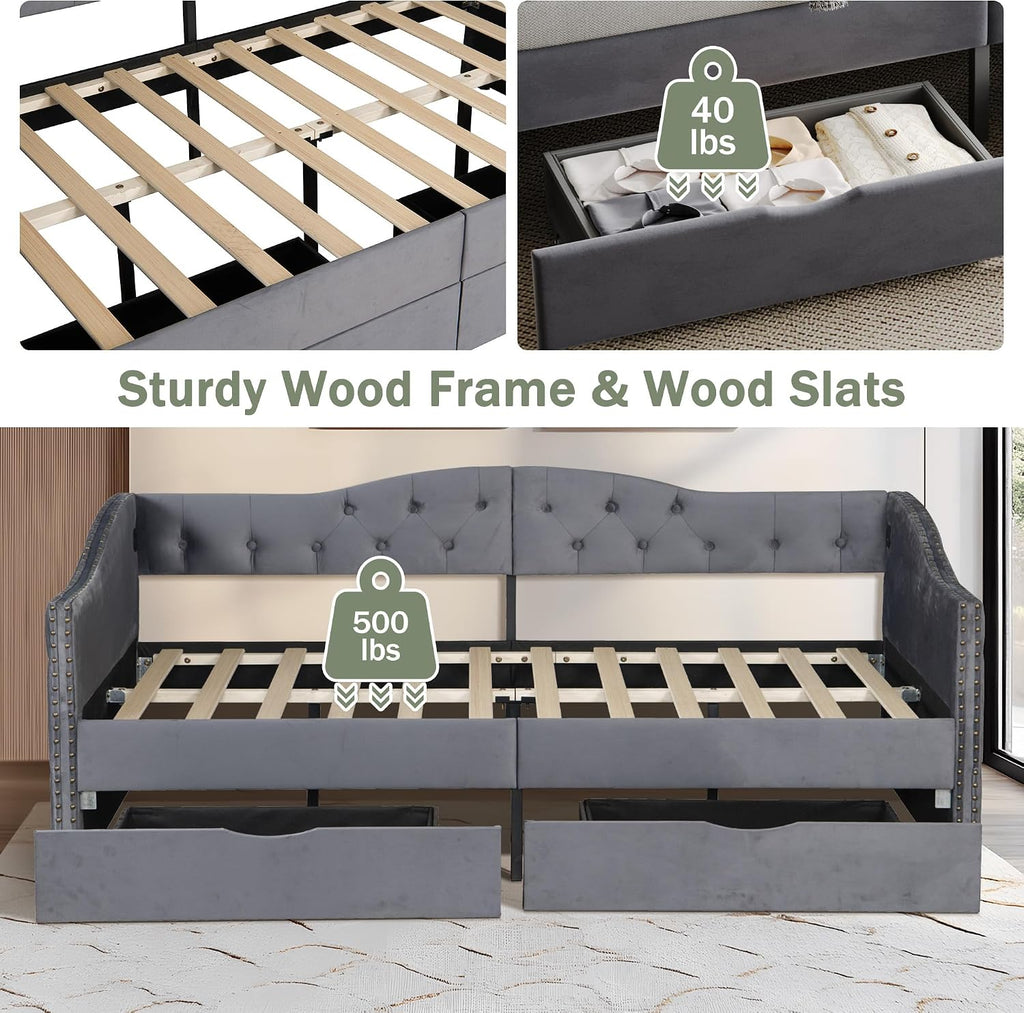Twin Size Daybed with Storage Drawers, Upholstered Daybed with 2 USB Ports, Sturdy Metal and Wood Frame,Day Bed for Bedroom, No Box Spring Needed, Grey