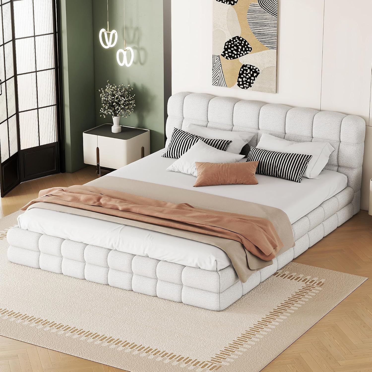 Queen Size Upholstered Platform Bed, Velvet headboard,Wood Slat Support, No Box Spring Needed,Easy Assembly,Bedroom Set (A+White)