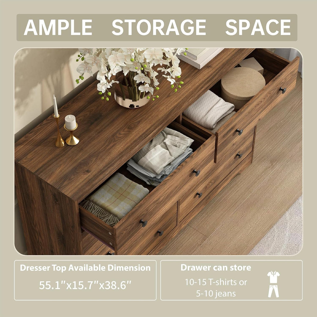 Dresser for Bedroom, 8 Drawer Dresser with Large Drawers, 51 Inch Wide Wood Chest for Living Room, Hallway, Walnut