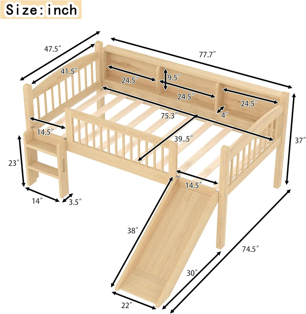 JIVOIT Twin Loft Bed with Storage Shelves, Solid Wood Lower Loft Bed with Full-Length Guardrails, Wood Slats Support, Space-Saving Design, No Box Spring Needed (Natural,Twin,51)