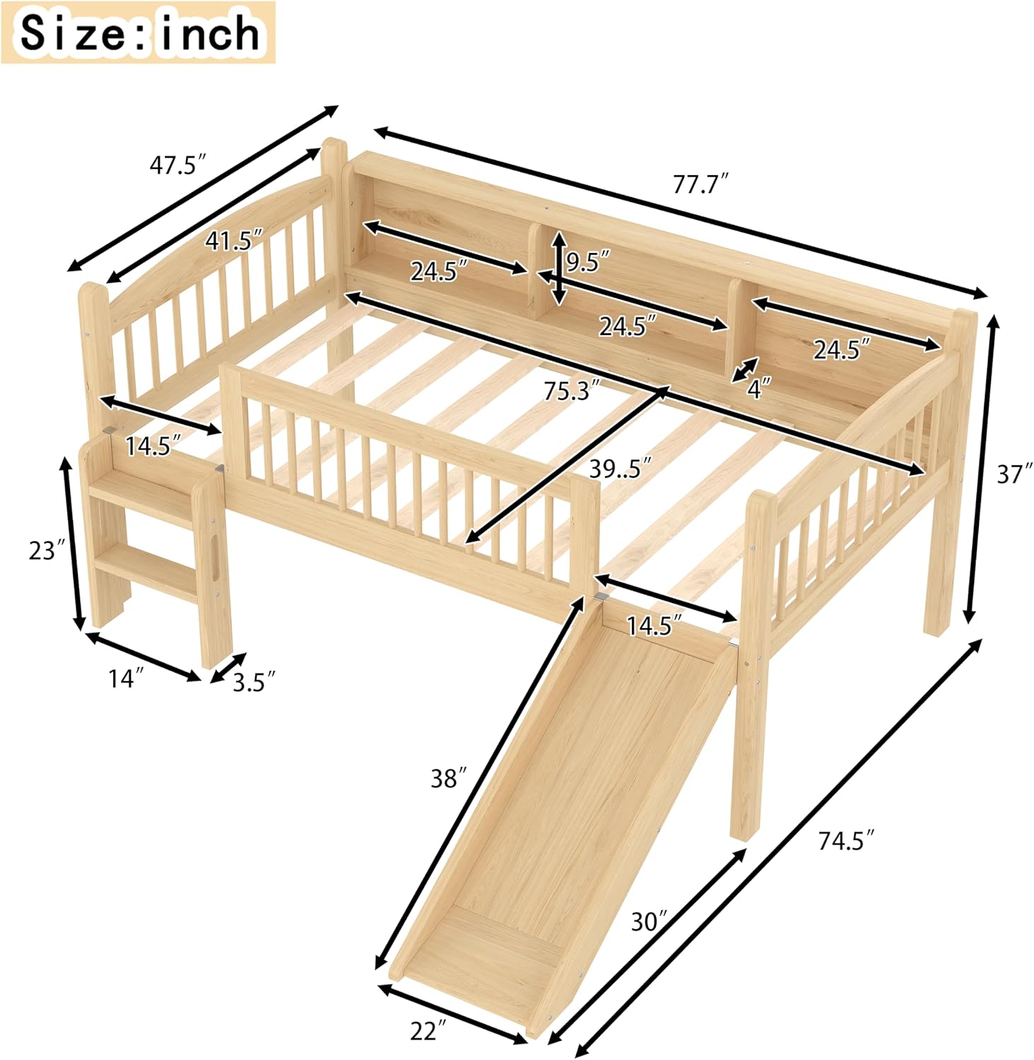 JIVOIT Twin Loft Bed with Storage Shelves, Solid Wood Lower Loft Bed with Full-Length Guardrails, Wood Slats Support, Space-Saving Design, No Box Spring Needed (Natural,Twin,51)