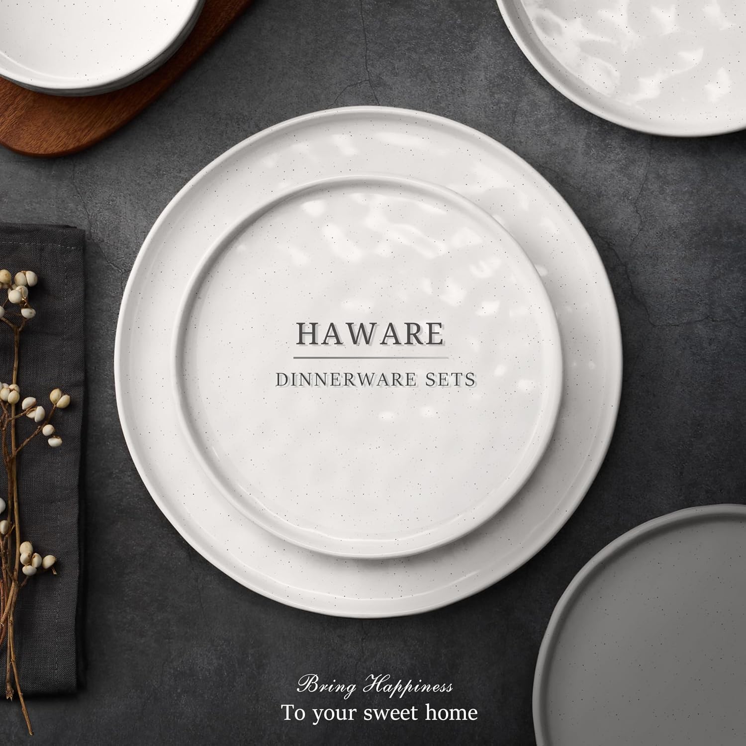 HaWare Dinnerware Sets, 24-Piece Plates and Bowls Set, Stoneware Dish Set for 8, Ceramic Dinnerware for Home Restaurant, Chip and Scratch Resistant, Microwave and Dishwasher Safe, Speckled White