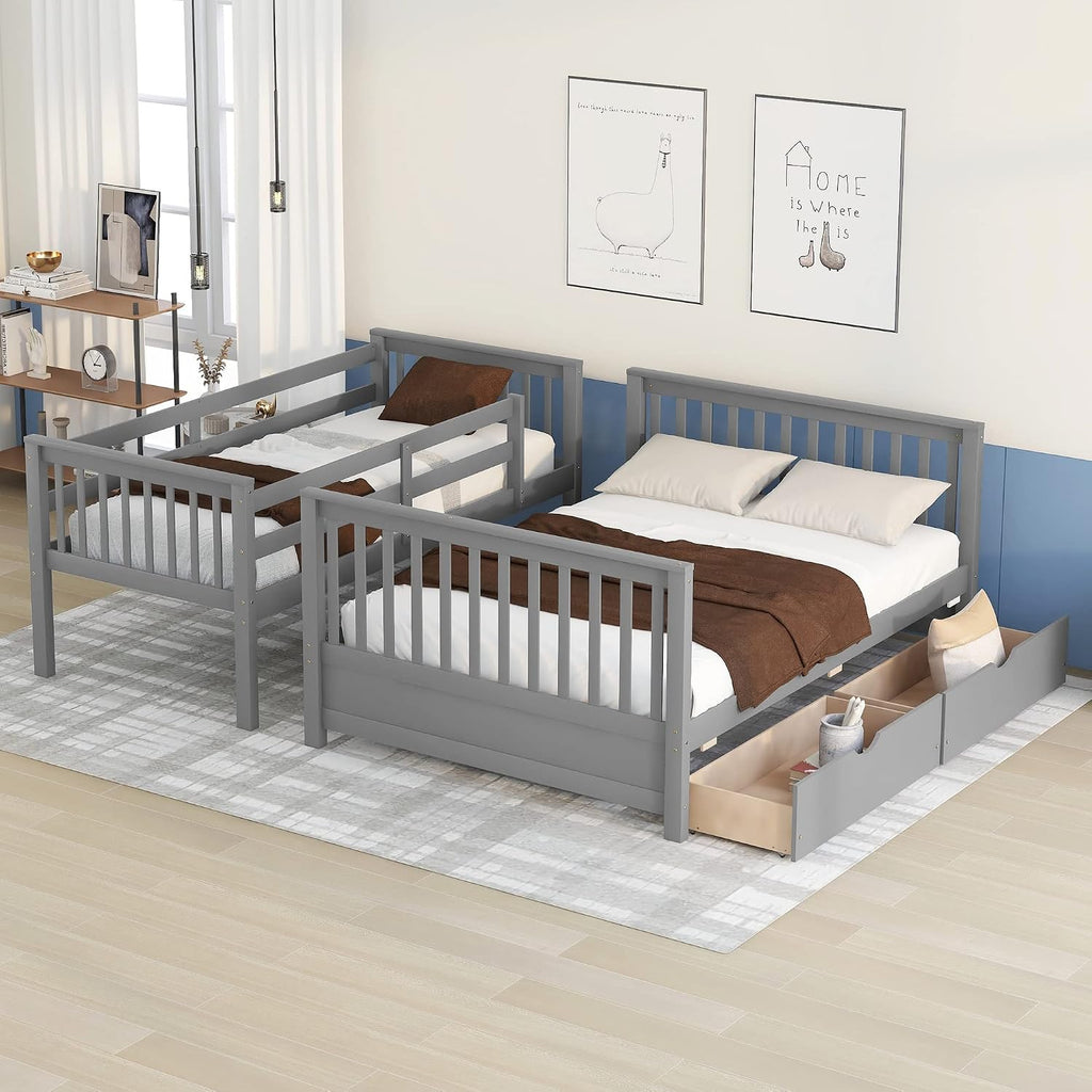 Twin Over Full Bunk Bed with Two Storage Drawers, Solid Wood Bunk Bed Frame Can be Converted Into 2 Separate Beds, Bedroom Furniture Bunk Bed with Ladders for Kids Teens Adults (Gray)