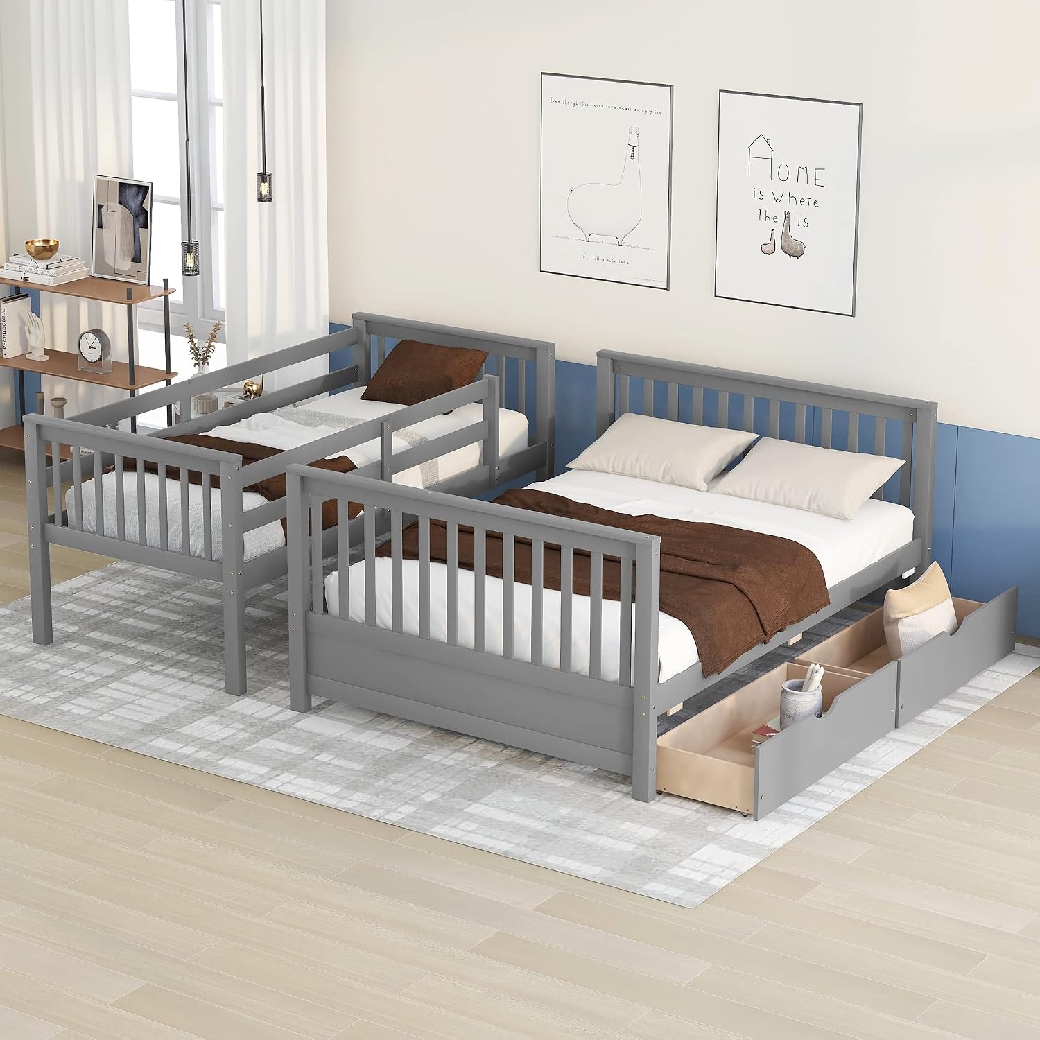 Twin Over Full Bunk Bed with Two Storage Drawers, Solid Wood Bunk Bed Frame Can be Converted Into 2 Separate Beds, Bedroom Furniture Bunk Bed with Ladders for Kids Teens Adults (Gray)