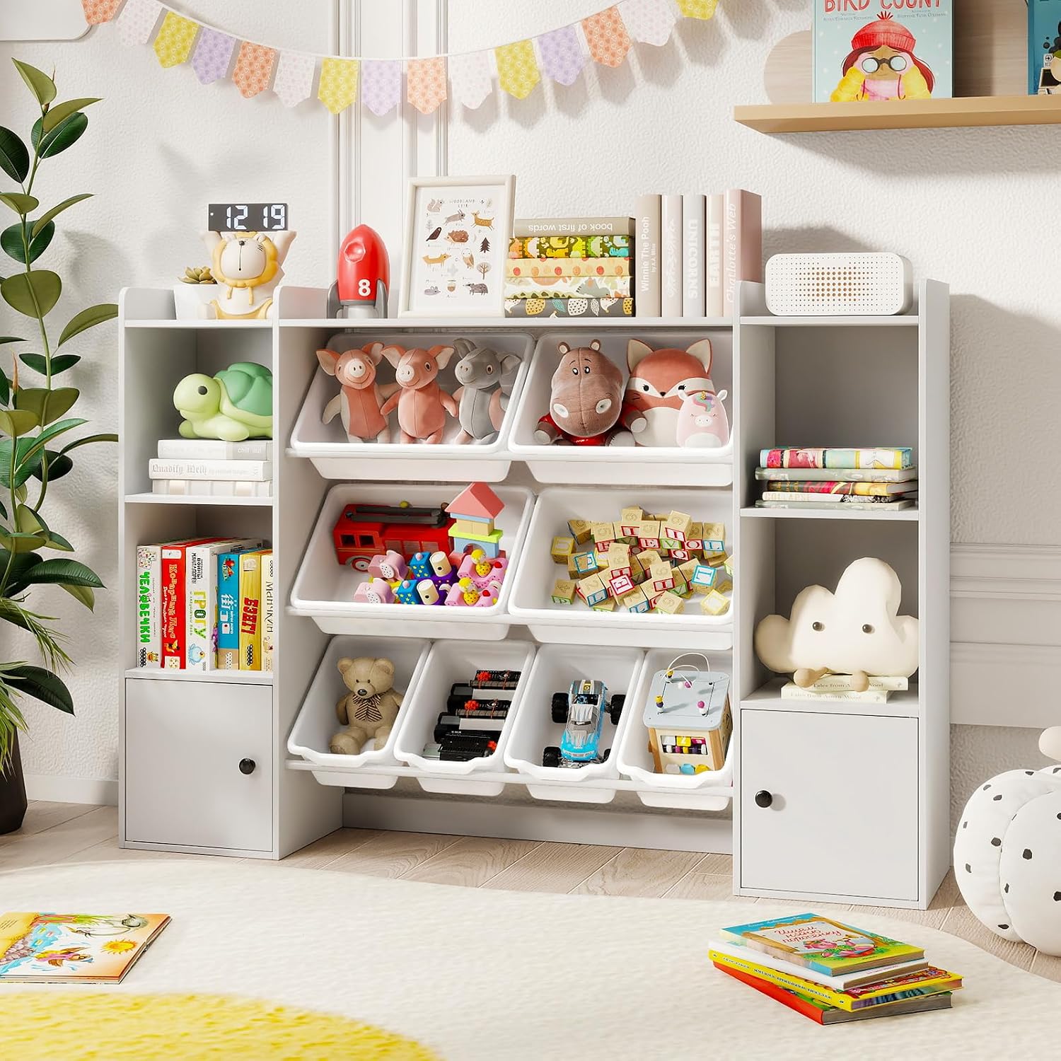 Costzon Kids Toy Storage Organizer w/ 8 Bins, Wooden Toddler Bookcase w/Open Shelves & Cabinet, Multifunctional Toy Storage Cabinet for Kids Room, Nursery & Playroom