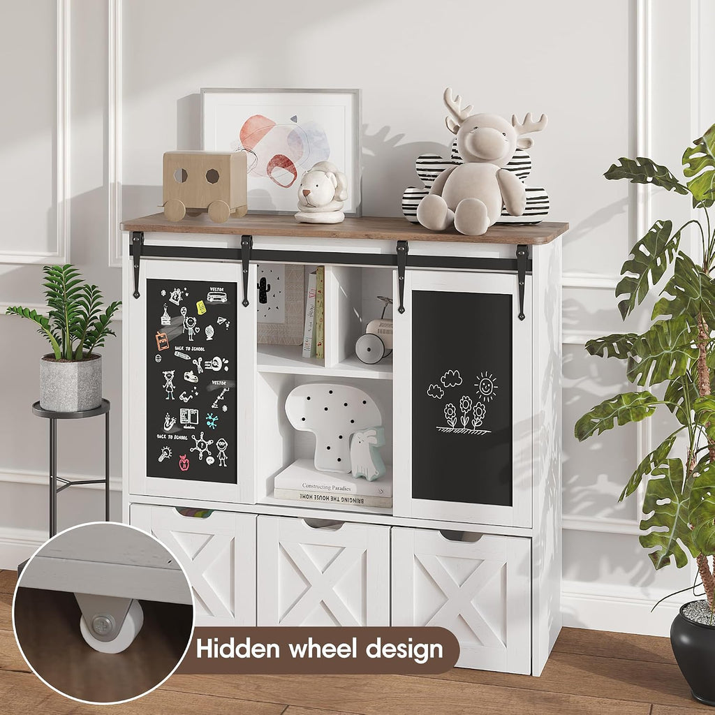 Vabches Toy Storage Organizer with Sliding Chalkboard, Kids Bookshelf and Bookcase with 3 Movable Drawers & 5 Storage Cubbies, Multifunctional Storage Cabinet Toy Chest for Playroom,Nursery, Kids Room