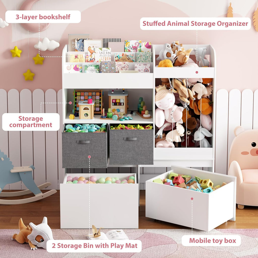 42.9'' Toy Storage, Large Stuffed Animal Holder with Toy Chest and Play Mat, Toy Organizer with Kids Bookshelf, Wooden Organization with 2 Movable Drawers for Kids Room Bedroom Playroom,White