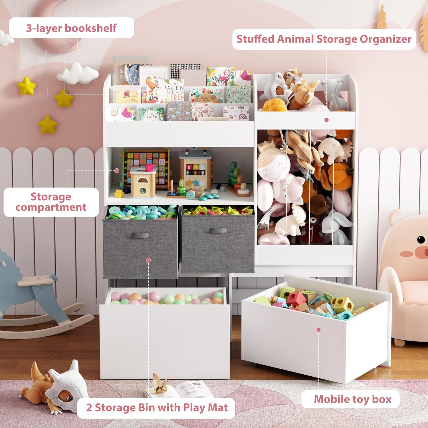 42.9'' Toy Storage, Large Stuffed Animal Holder with Toy Chest and Play Mat, Toy Organizer with Kids Bookshelf, Wooden Organization with 2 Movable Drawers for Kids Room Bedroom Playroom,White