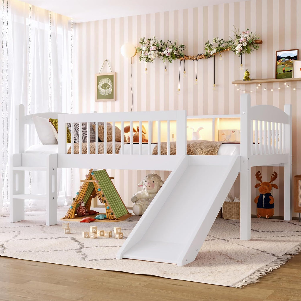 JIVOIT Twin Loft Bed with Storage Shelves, Solid Wood Lower Loft Bed with Full-Length Guardrails, Wood Slats Support, Space-Saving Design, No Box Spring Needed (White,Twin,51)
