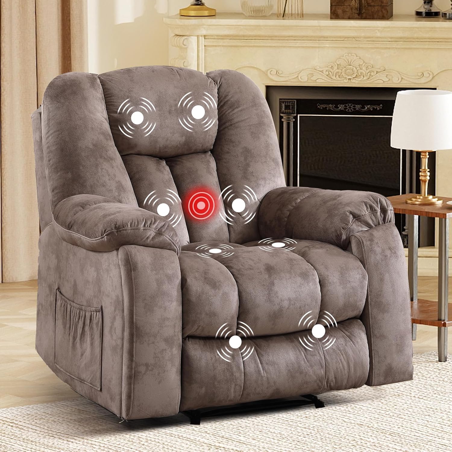 EBELLO Manual Recliner Chair with Massage and Heat, Soft Fabric Massage Recliner for Adults with Hidden Cup Holders, Side Pocket, Overstuffed Single Reclining Sofa for Living Room, Brown