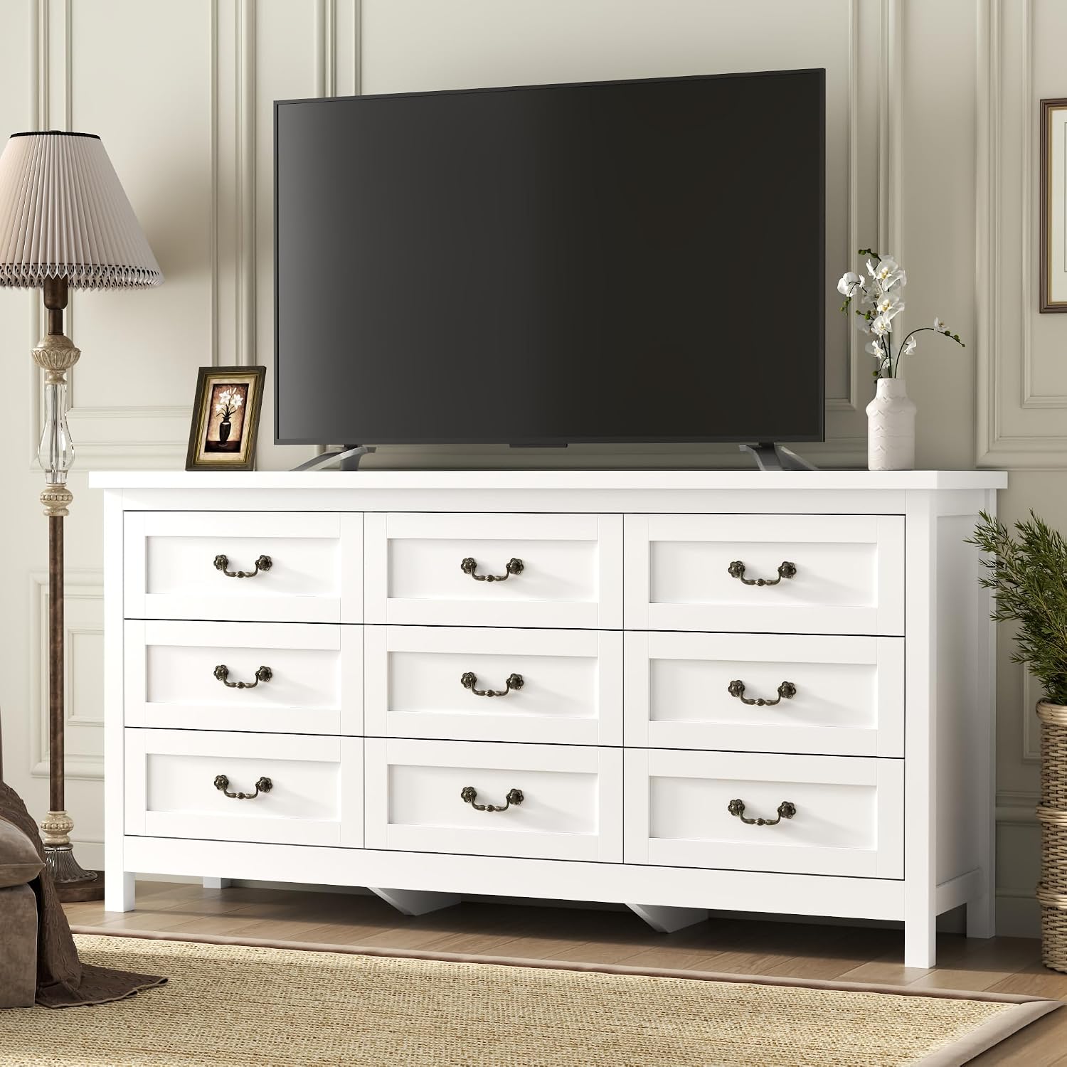 Loomie Upgraded 9-Drawer Dresser for Bedroom, 63' Wide Dresser TV Stand for TVs up to 75', Farmhouse Long Storage Wooden Dressers Organizer, Large Chest of Drawers with Vintage Pull for Closet, White