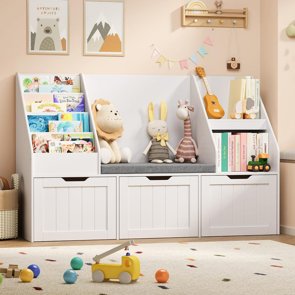 Gizoon Kids Toy Storage Organizer with Reading Nook, Kids Bookshelf with 3 Movable Drawers, Kids Reading Nook with Bench for Kidsroom Playroom and Bedroom, White, Painted