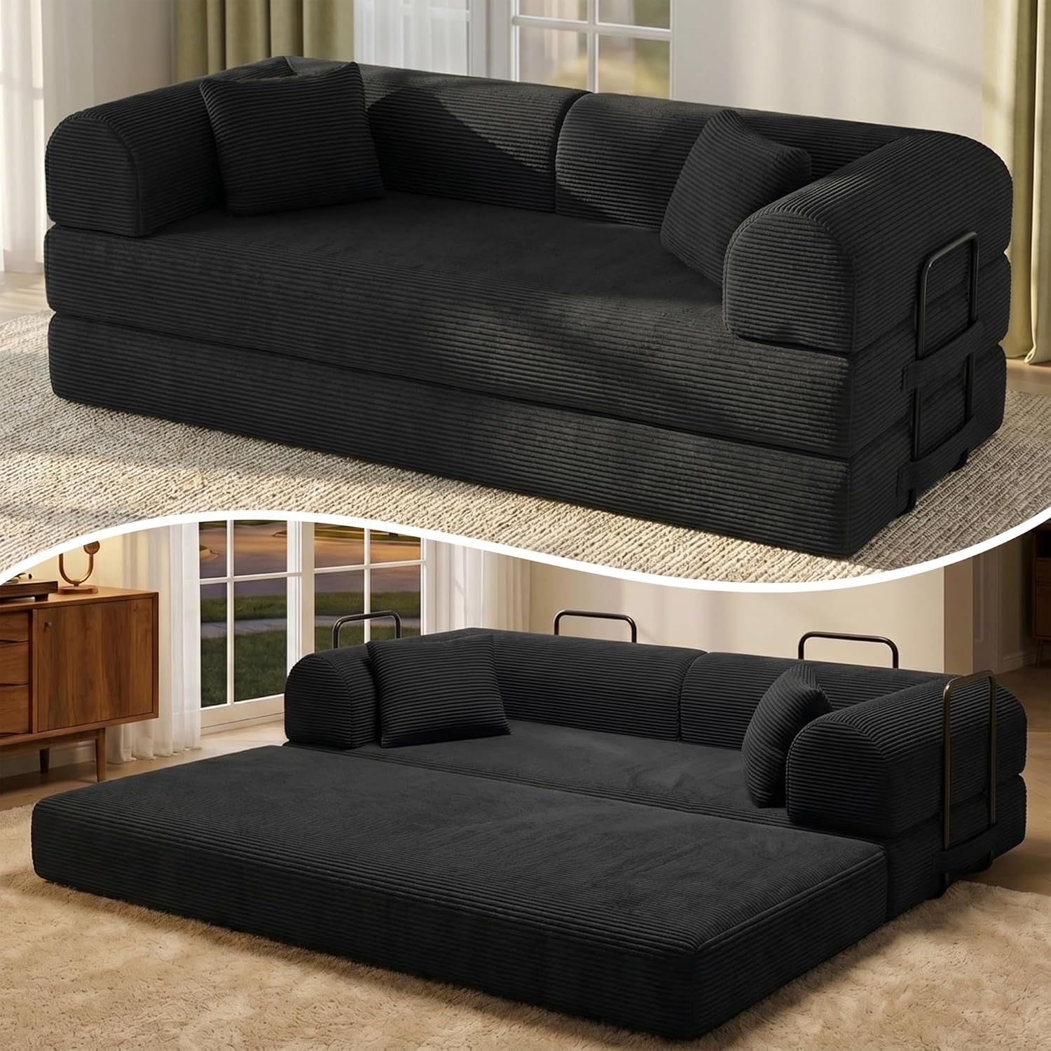 79'' Convertible Sofa Bed, 5-in-1 Folding Sleeper Couch with Pull Out Bed, Corduroy Modular Floor Sofa for Living Room Apartment Dorm, No Assembly Space Saver (Black)