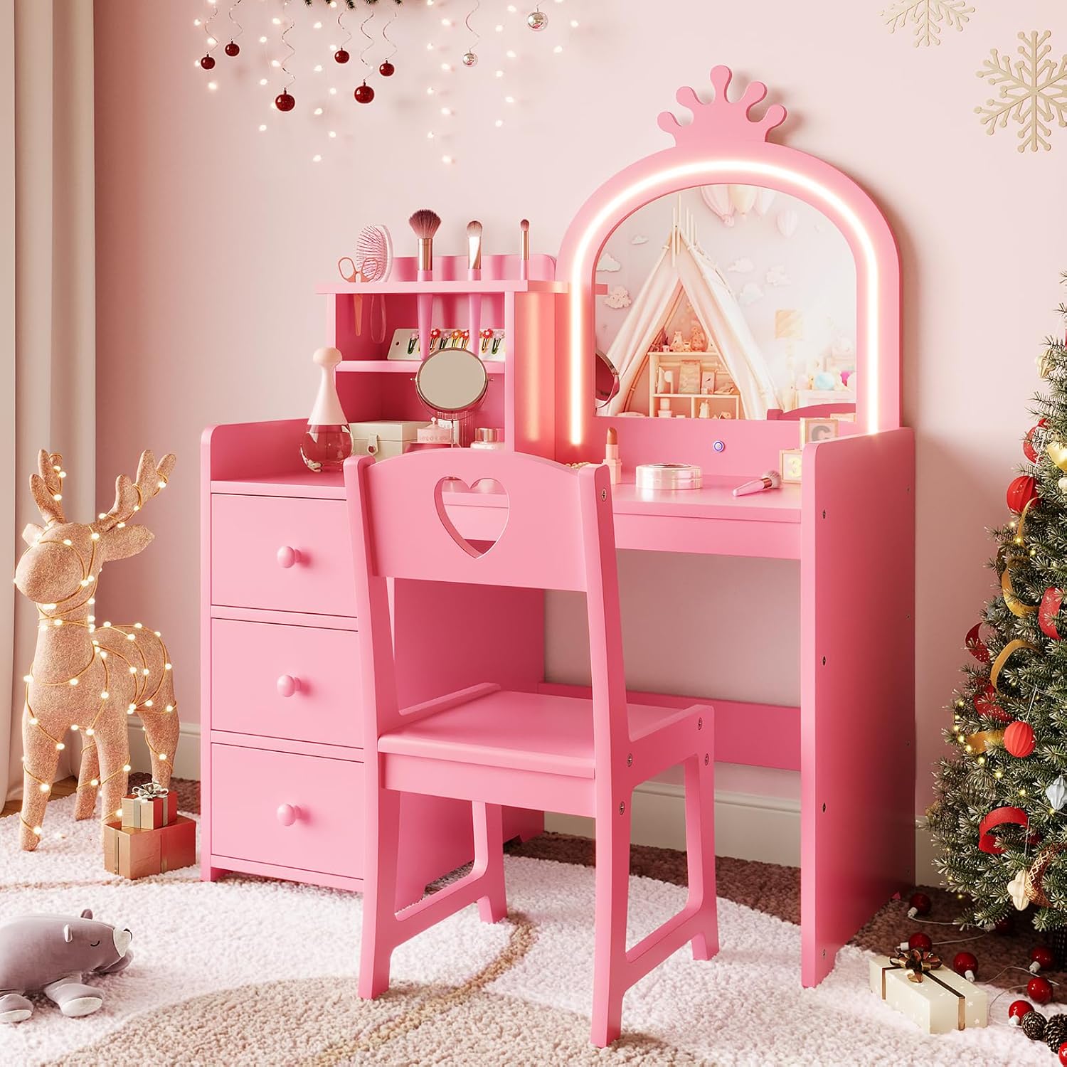 Garvee Kids Vanity with Lights, 2 in-1 Wooden Toddler Vanity Table with Stool & Drawer,Princess Pretend Play Makeup Vanity Princess Makeup Desk Dressing Table for Little Girls,Christmas Birthday Gift