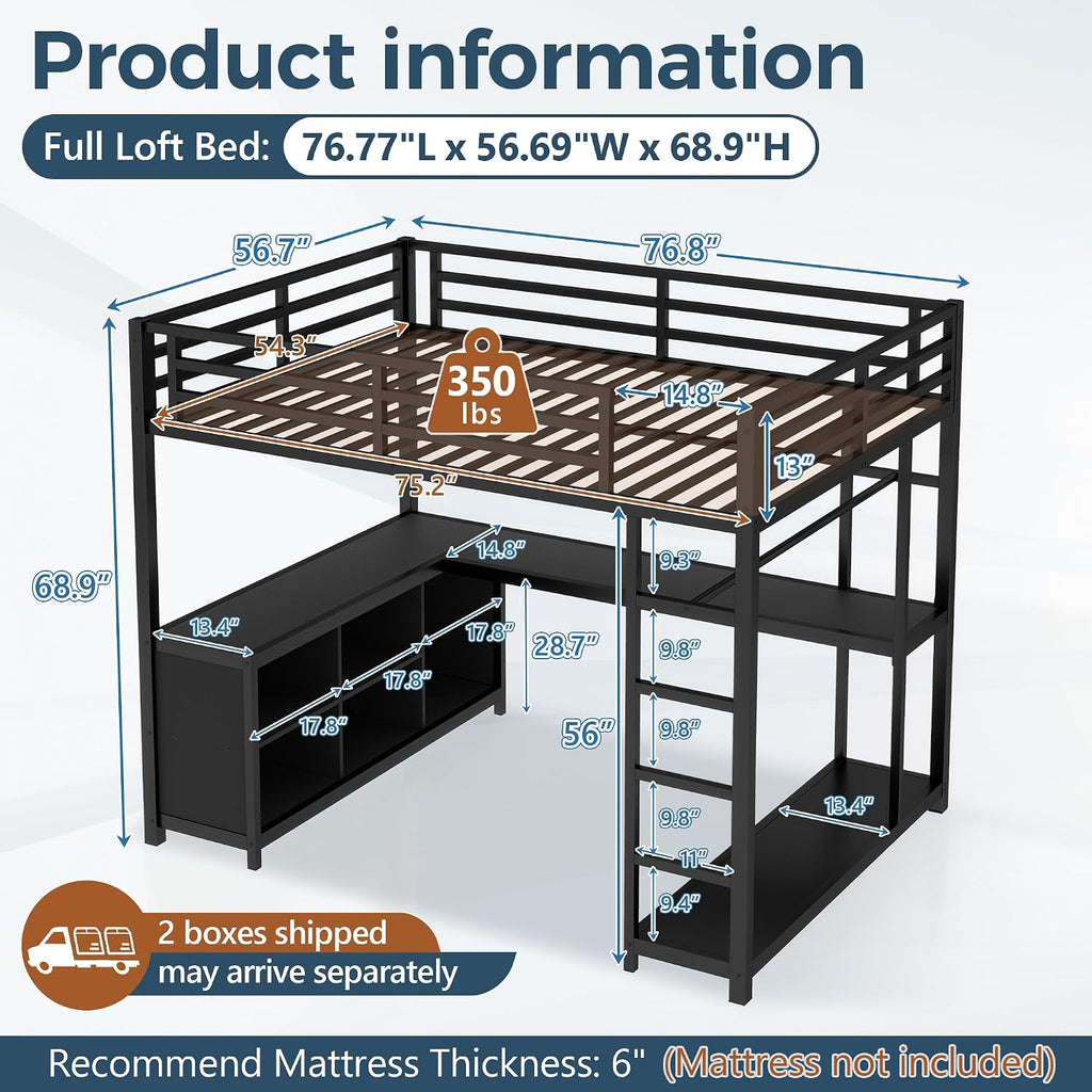 Full Size Loft Bed with Desk and Storage, Metal Loft Bed for Small Spaces,Full Loft Bed Frame for Bedroom,Black
