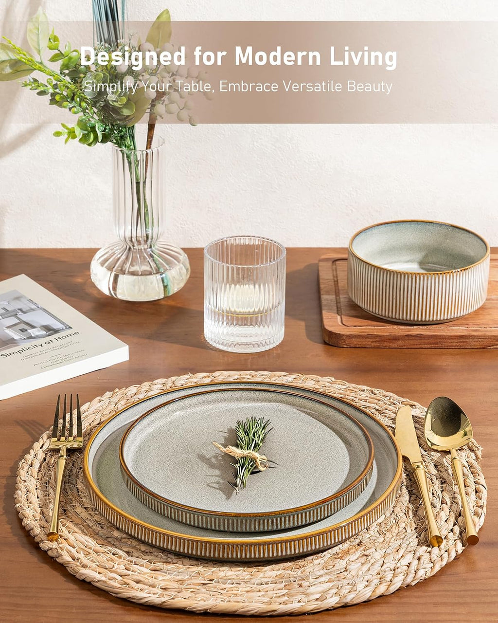GBHOME 24-Piece Stoneware Dinnerware Set for 8 – Ribbed Ceramic Plates and Bowls, Scratch-Resistant, Microwave & Dishwasher Safe, Reactive Glaze, Reactive Glaze Green Wheat