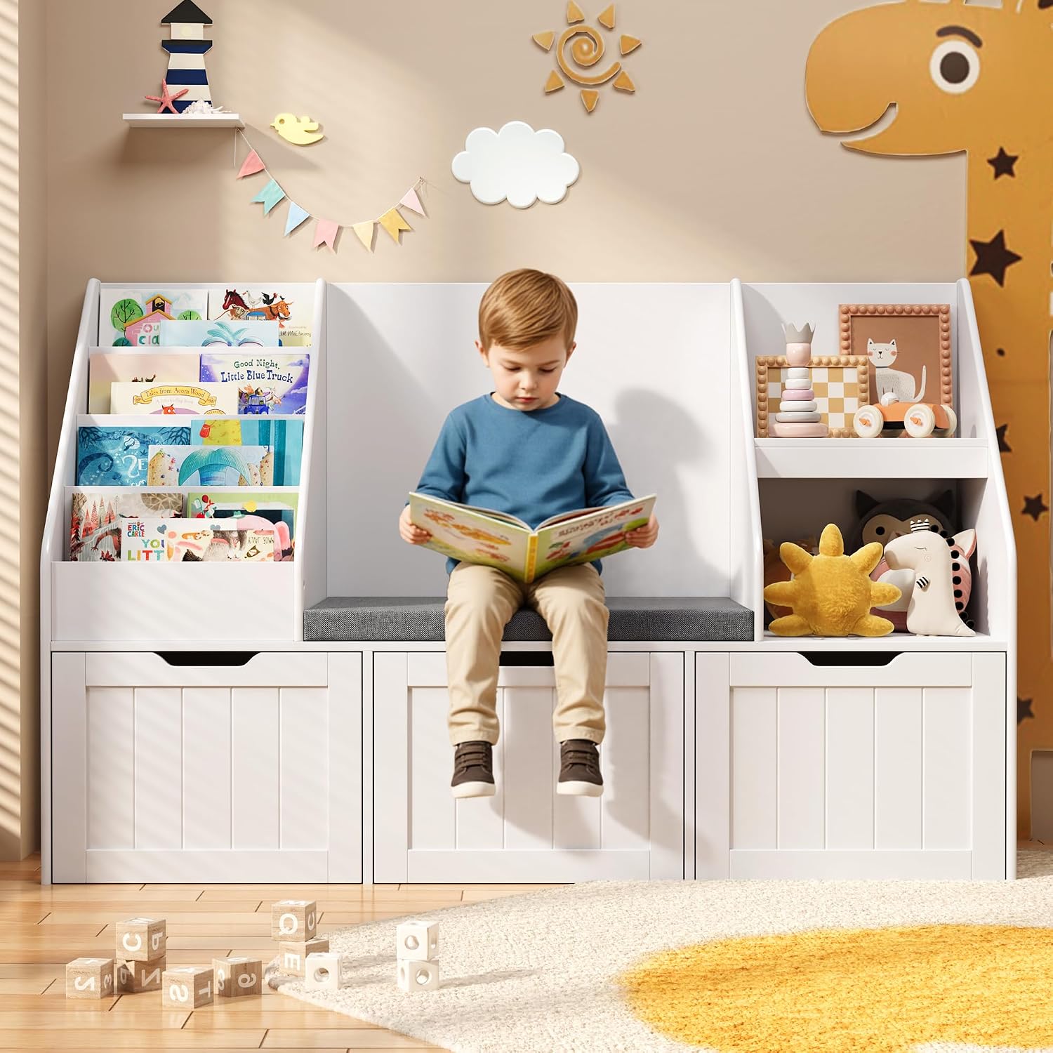 Gizoon Kids Toy Storage Organizer with Reading Nook, Kids Bookshelf with 3 Movable Drawers, Kids Reading Nook with Bench for Kidsroom Playroom and Bedroom, White, Painted