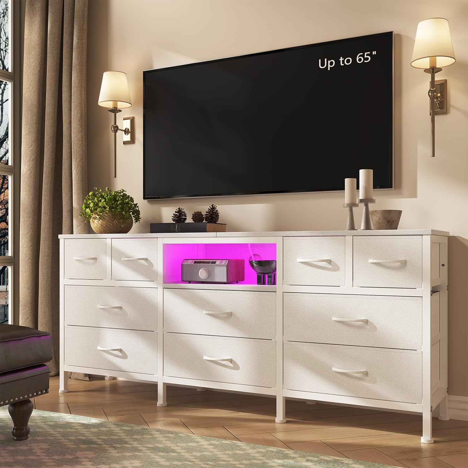 White Dresser for Bedroom with LED Lights and Power Outlets, 55' TV Stand with 10 Drawers & Open Shelves, Fabric Chest of Drawers with PU Finish, Metal Frame, Wood Top (White)