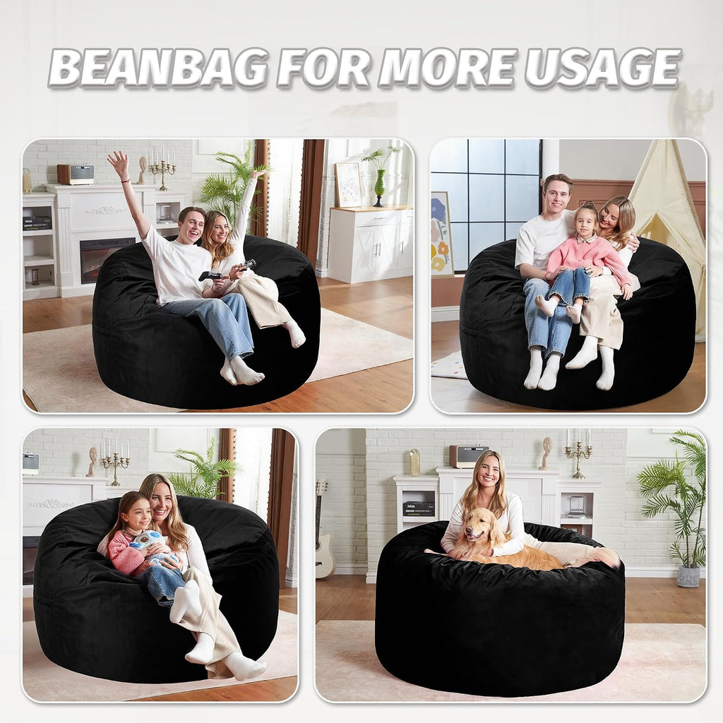 5FT Bean Bag Chair with Ultra Soft Velvet Cover Bean Bag Sofa with Memory Foam Bean Bag Chairs with Large Size Lazy Sofa for Dorm Office Living Room Bedroom Black 5'