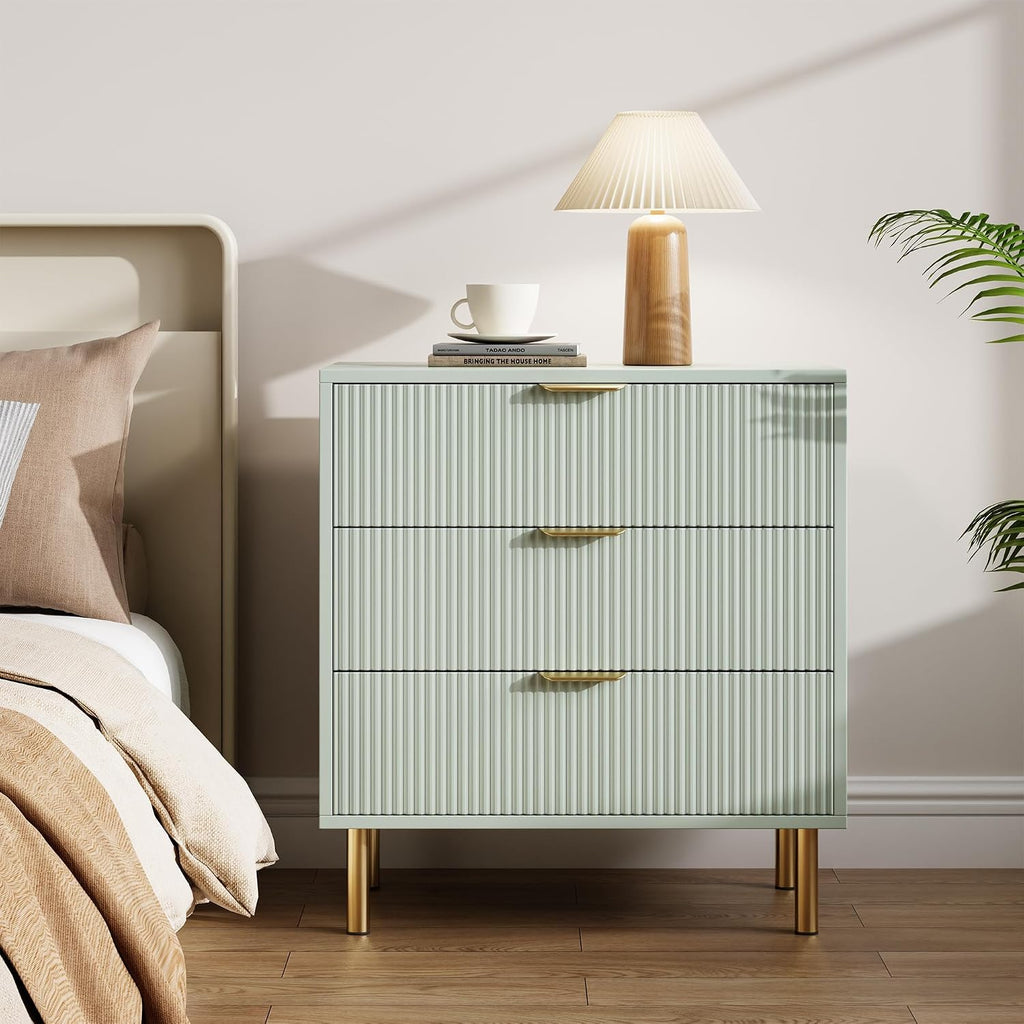 GarveeHome Green Dresser, Modern 3 Drawer Dresser for Bedroom with Gold Handle and Large Drawer, Wood Double Chest of Drawers and Storage Organizer for Living Room, Hallway, Entryway