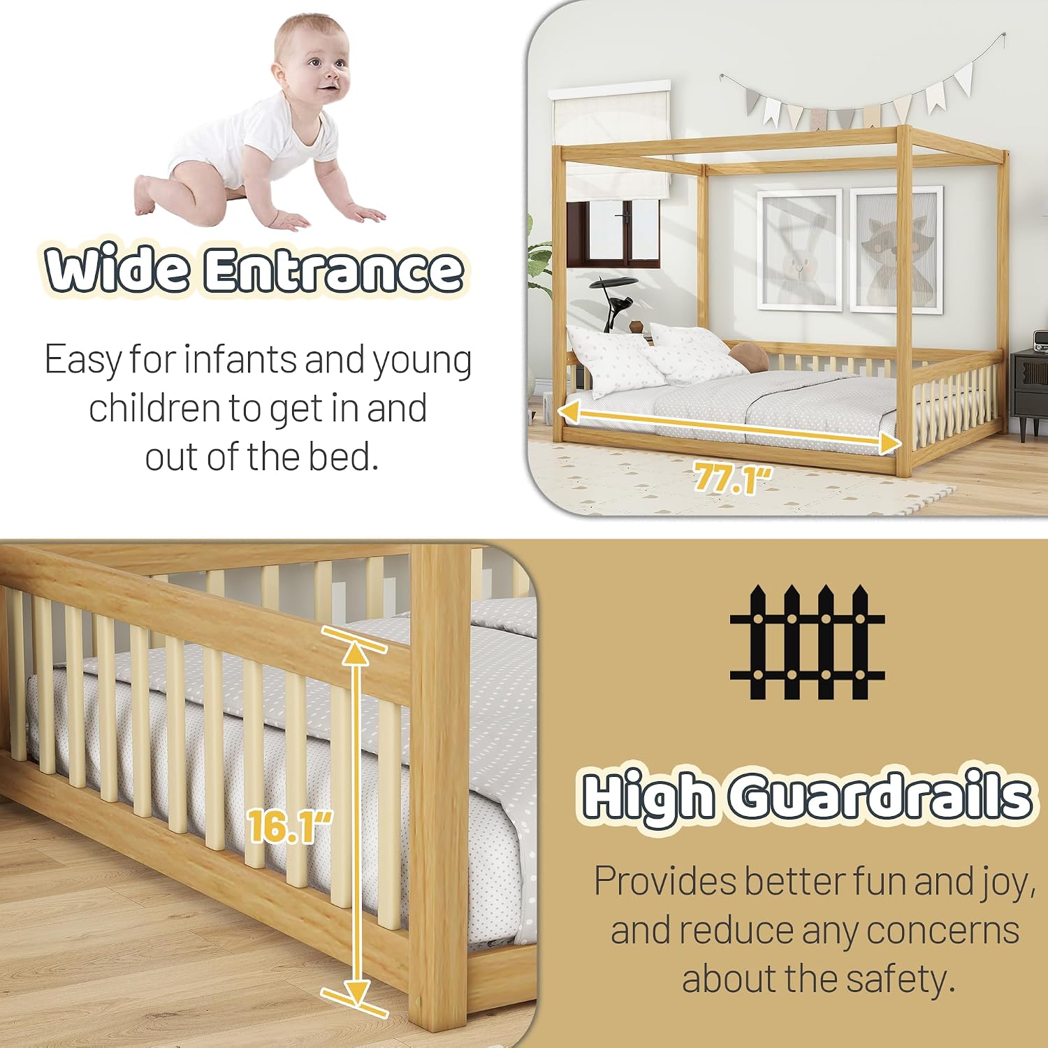 Canopy Bed Frame Full with 4 Posters and Guardrails, Rubber Wood Full Size Montessori Floor Bed with Canopy Frame, Safe and Stylish Canopy Bed Full for Kids Girls Boys,Natural