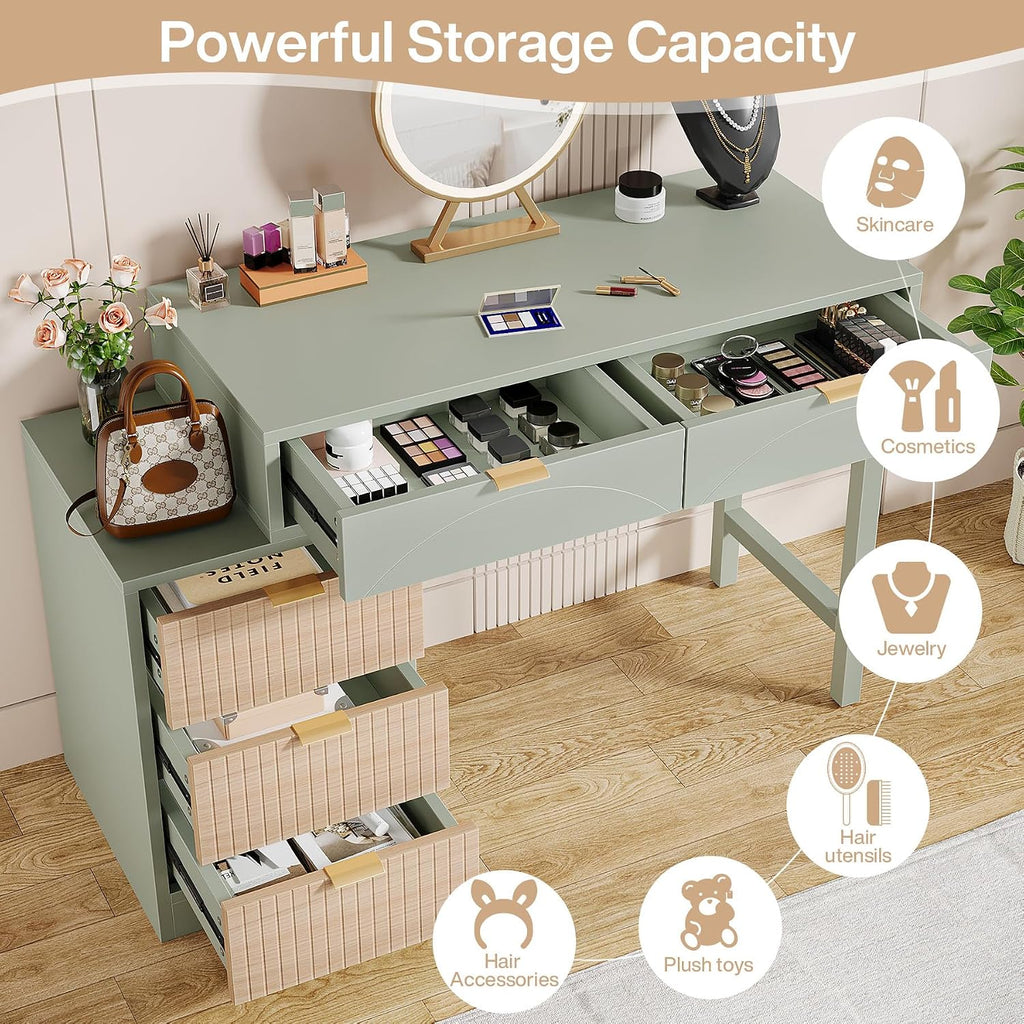 Tribesigns Makeup Vanity Desk with 5 Drawers, Modern Small Dressing Desk with Storage, Wood Make Up Table for Bedroom, Narrow Space (Without Mirror), Mint Green