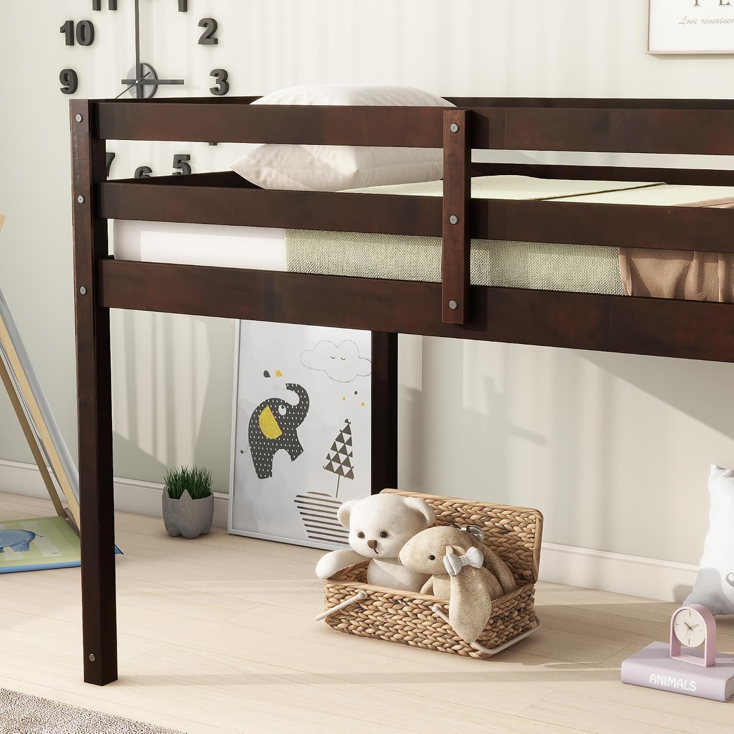 JIVOIT Wood Low Loft Bed Frame with Ladder, Solid Rubber Wooden Twin Loft Bed, Bed Platform of Strengthened Slats, Space Saving Design, No Box Spring Needed (Espresso,104)