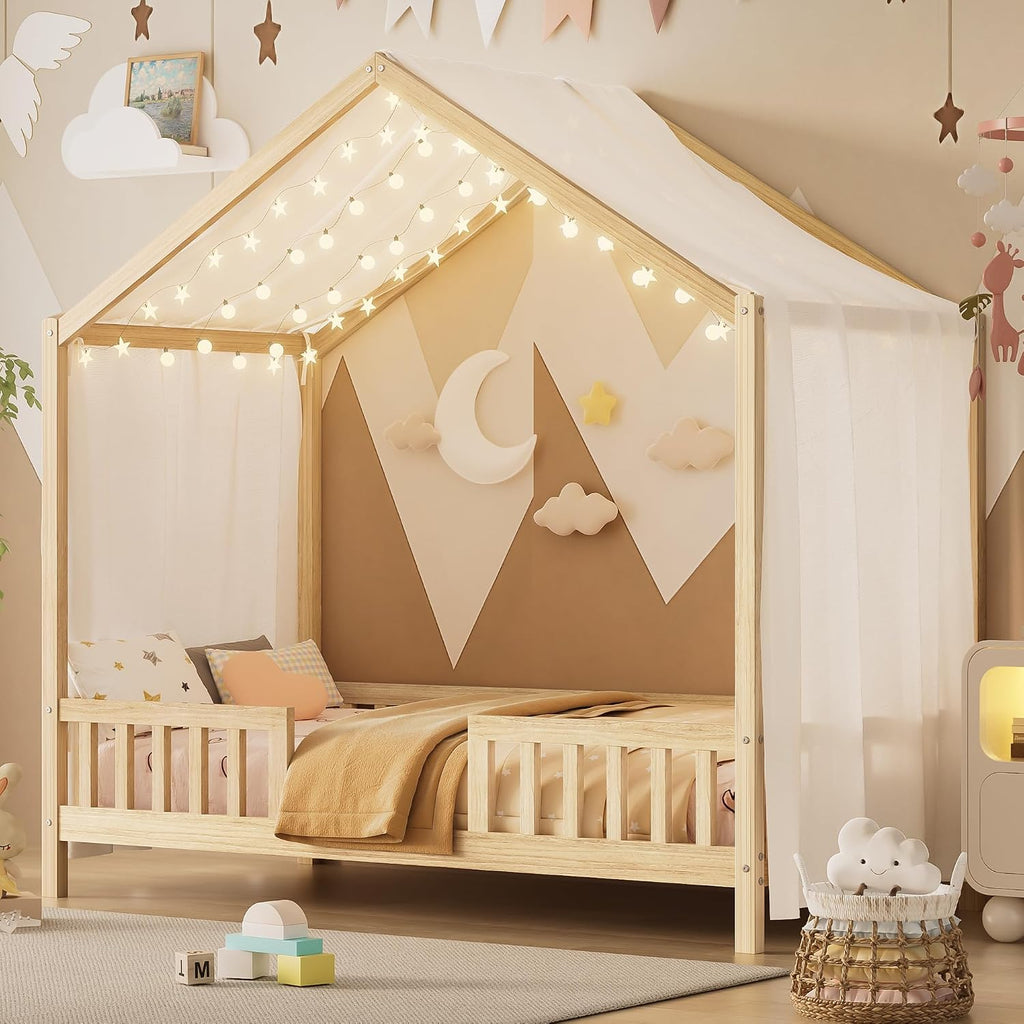 Twin Size House-Shape Bed with Canopy and High Railings, Wood Kids Bed Frame with Roof (Natural, Twin)