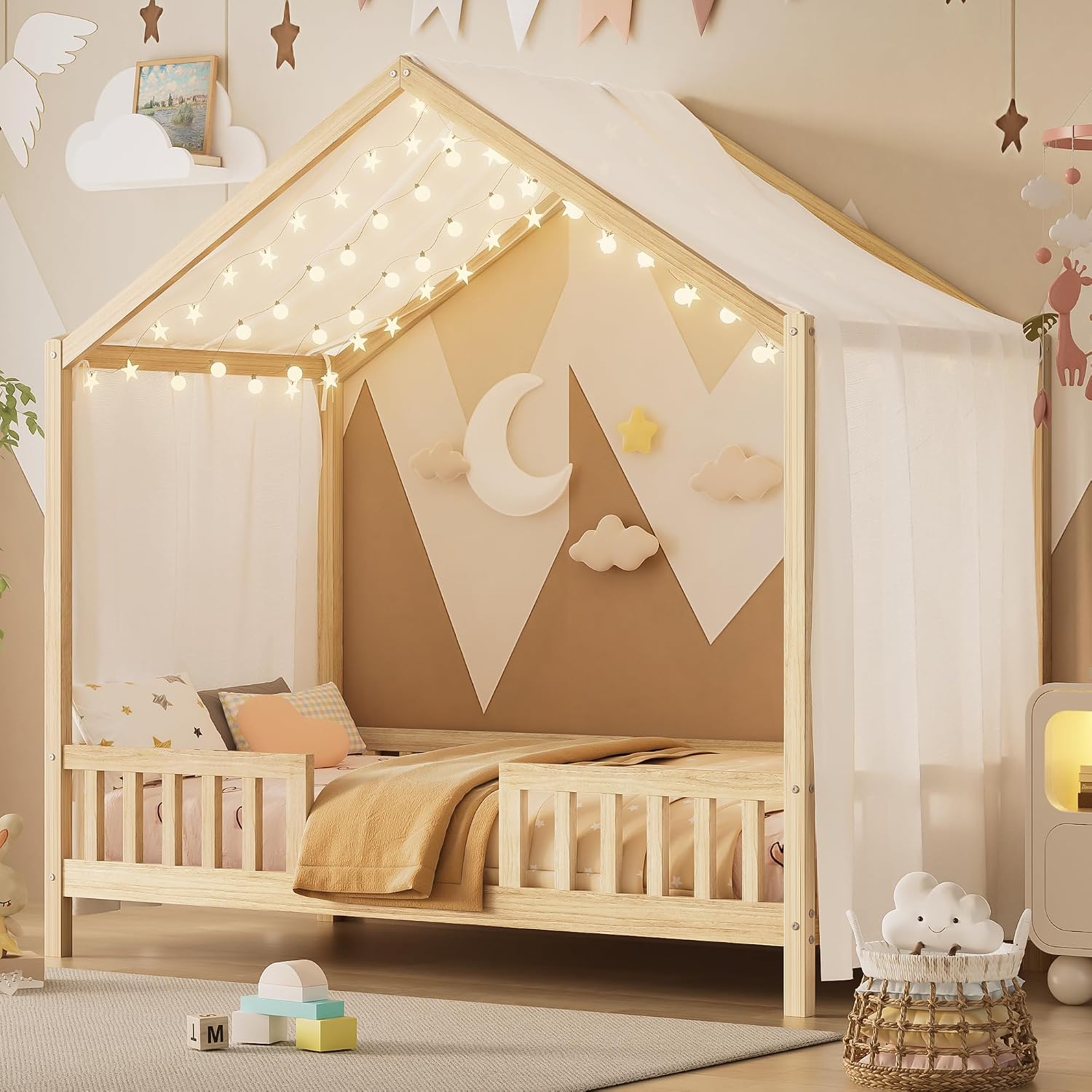 Twin Size House-Shape Bed with Canopy and High Railings, Wood Kids Bed Frame with Roof (Natural, Twin)