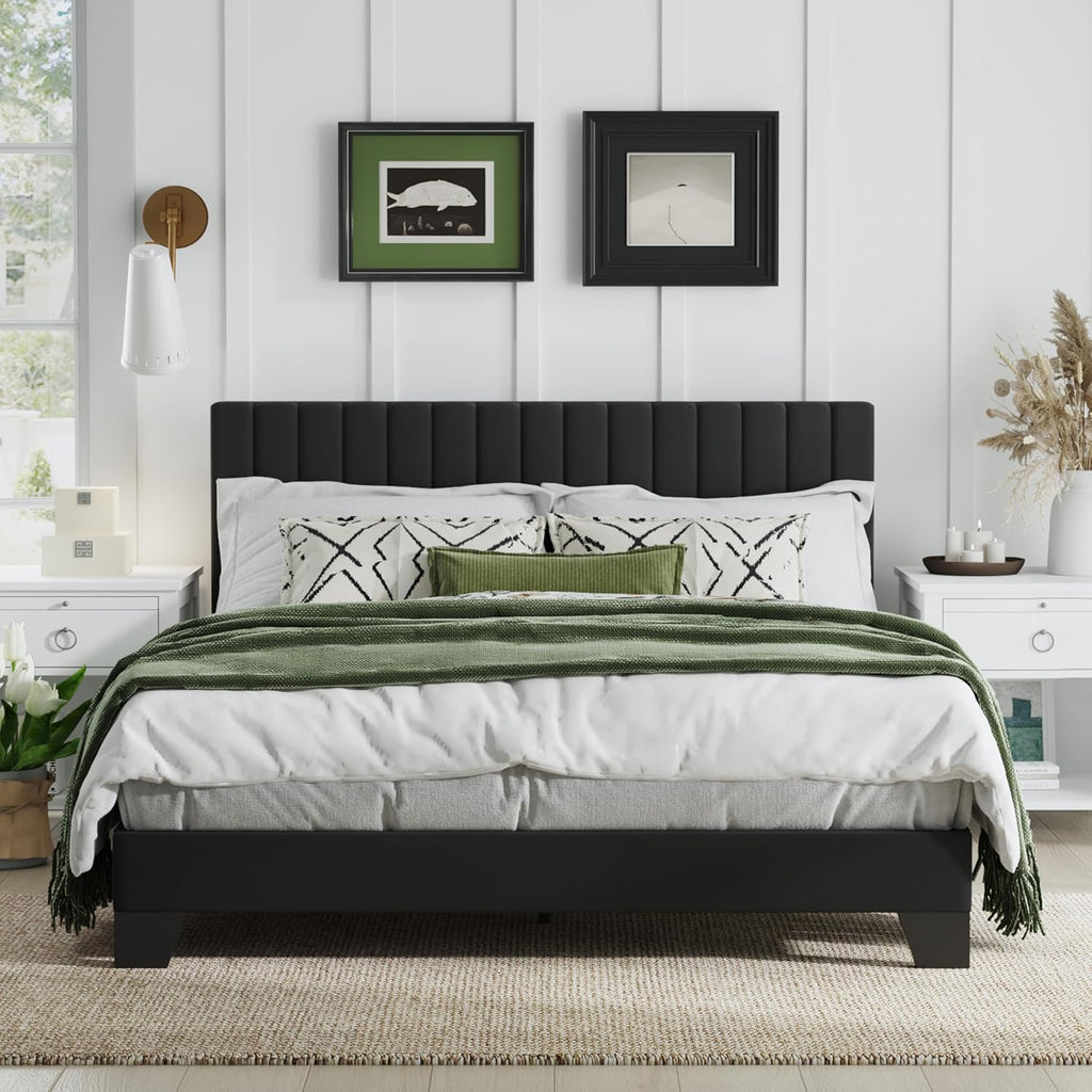 Queen Size Bed Frame, Velvet Upholstered Platform Bed with Adjustable Tufted Headboard, Sturdy Frame and Slats, Noiseless, No Box Spring Required, Easy to Assemble, Black