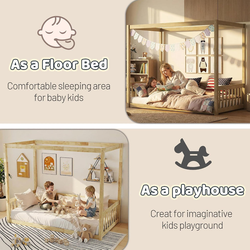 Twin Size Montessori Floor Bed with Canopy Frame and High Guardrails, Solid Wood Twin Canopy Bed with 4 Posters, Safe and Stylish Canopy Twin Bed for Kids Girls Boys,Natural