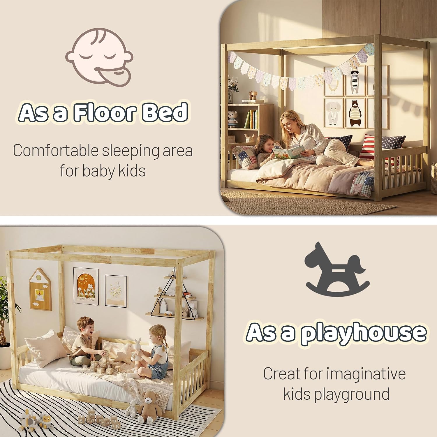Twin Size Montessori Floor Bed with Canopy Frame and High Guardrails, Solid Wood Twin Canopy Bed with 4 Posters, Safe and Stylish Canopy Twin Bed for Kids Girls Boys,Natural