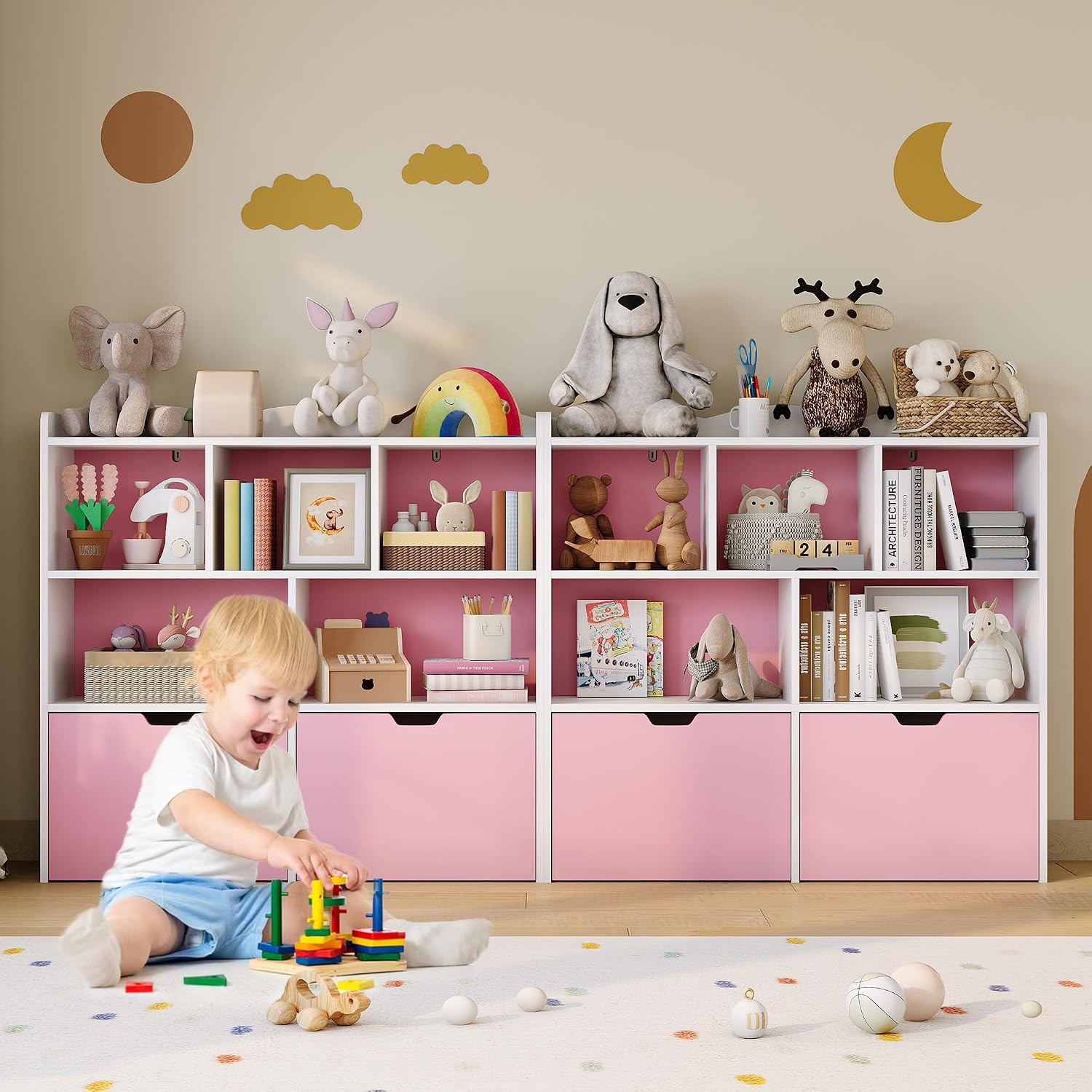 IDEALHOUSE Toy Storage Organizer with Movable Drawers, Kids Bookshelf with Hidden Wheels and 5 Open Cubbies, Multifunctional Storage Cabinet Chest for Playroom