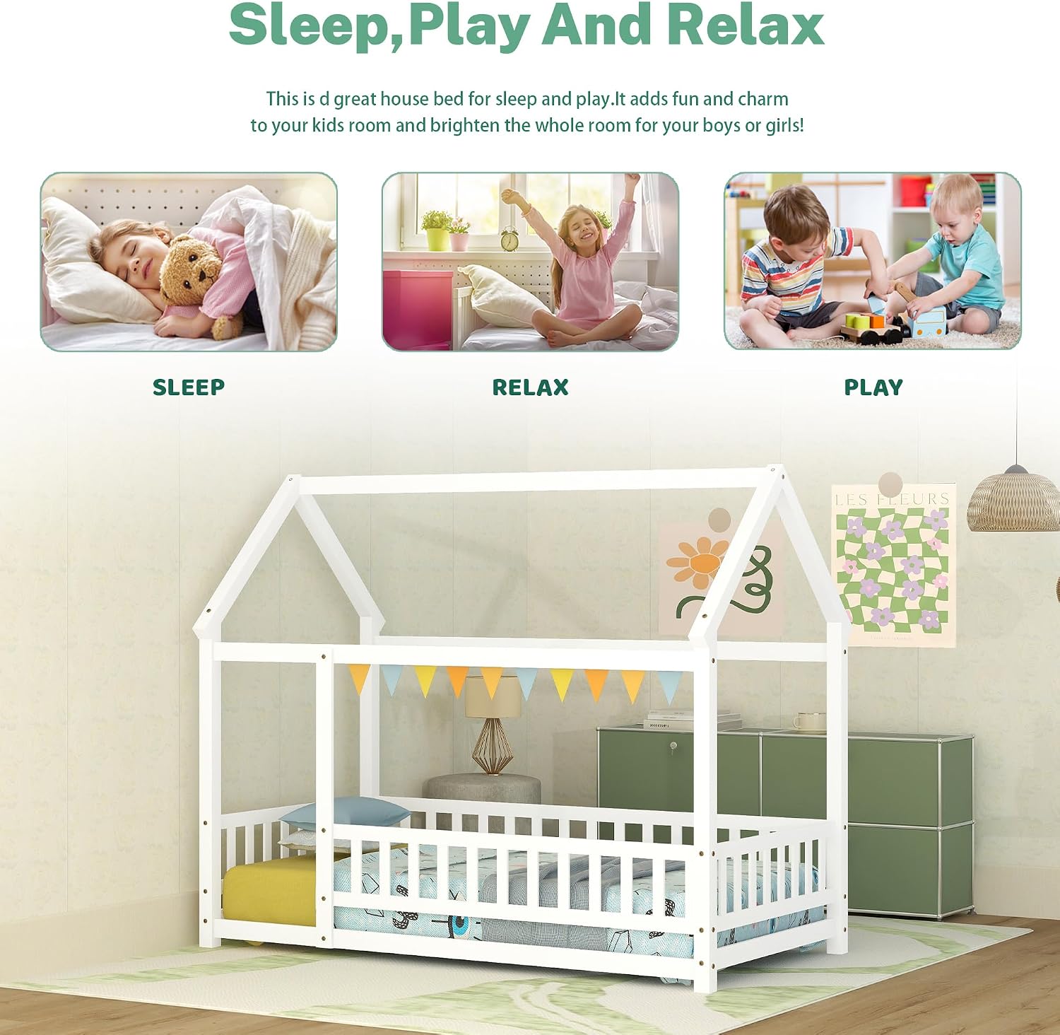 Bellemave Twin Size House Floor Bed,Wooden Montessori Bed with Fence and Roof for Kids,Twin Bed Frame for Boys,Girls(Twin,White)