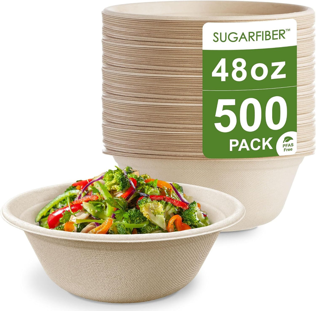 [500 COUNT]Harvest Pack PFAS FREE 48oz Round Compostable Bowls, Heavy-Duty Eco-Friendly Disposable Bagasse Large Soup Paper Bowls, sugarcane made for Meal Prep Takeout Dinnerware, Microwave Safe