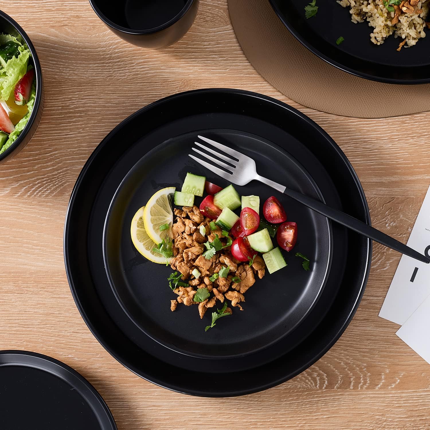 Stone Lain Jules Stoneware 32-Piece Modern Dinnerware Set, Plates and Bowls, Service for 8, Black, Microwave & Dishwasher Safe