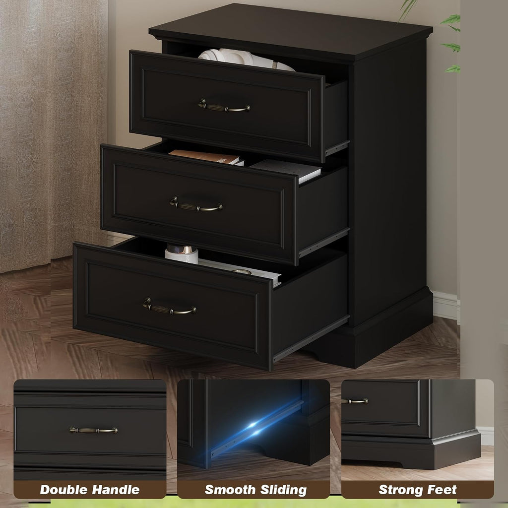 Farmhouse 3 Drawers Dresser for Bedroom, 24' Wide Modern Chest of Drawers with Deep Drawers & Bar Handles, Rustic Wood Nightstand, Wooden Closet Storage Organizer for Living Room, Hallway, Black