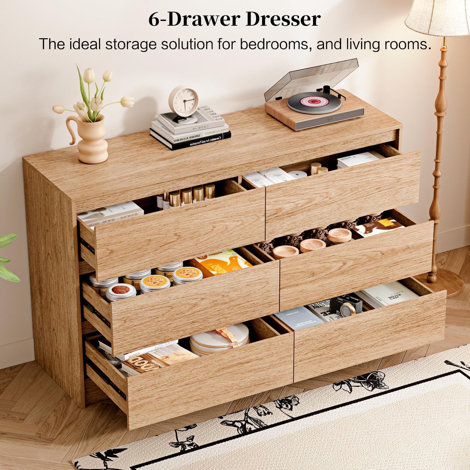 Chrangmay Modern Chest of Drawers with 6 Drawers,Deep Drawers,Clothes Organizer,Large Storage Cabinet for Living Room, Bedroom,Hallway,with Anti-Tipping Device,Raw