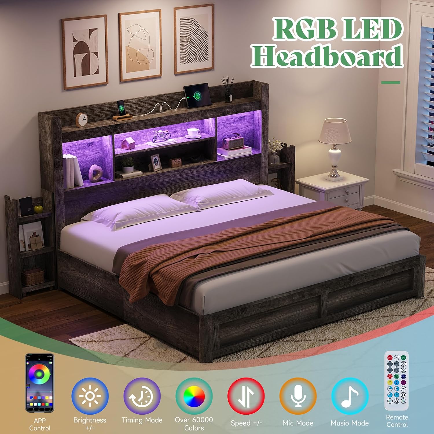 AMERLIFE King Size Bed Frame with 4 Storage Drawers, LED Bed Frame with 49' Tall Bookcase Headboard, Wood Platform Bed with Charging Station & 2 Slide Bedside Shelf, No Box Spring Needed/Rustic Grey