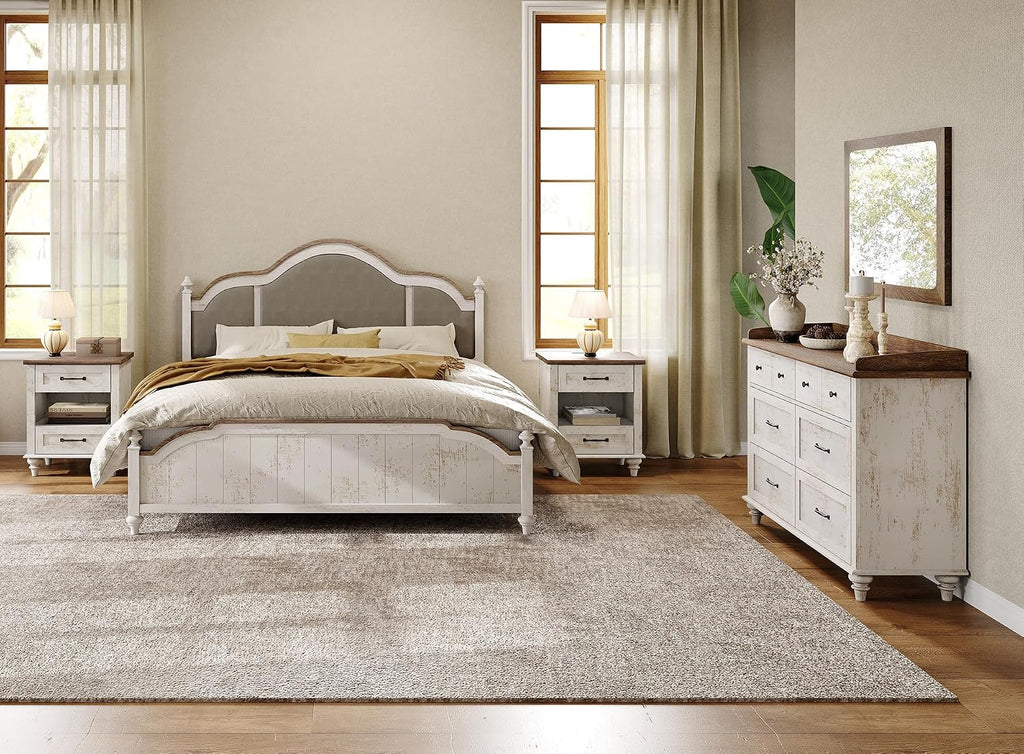 WAMPAT 3 Piece Bedroom Set - Includes 6 Drawer Dresser, Set of 2 Farmhouse Nightstands with Charging Station & Drawers & Cubby, 3 Piece Dresser and Nightstand Sets, Antique White