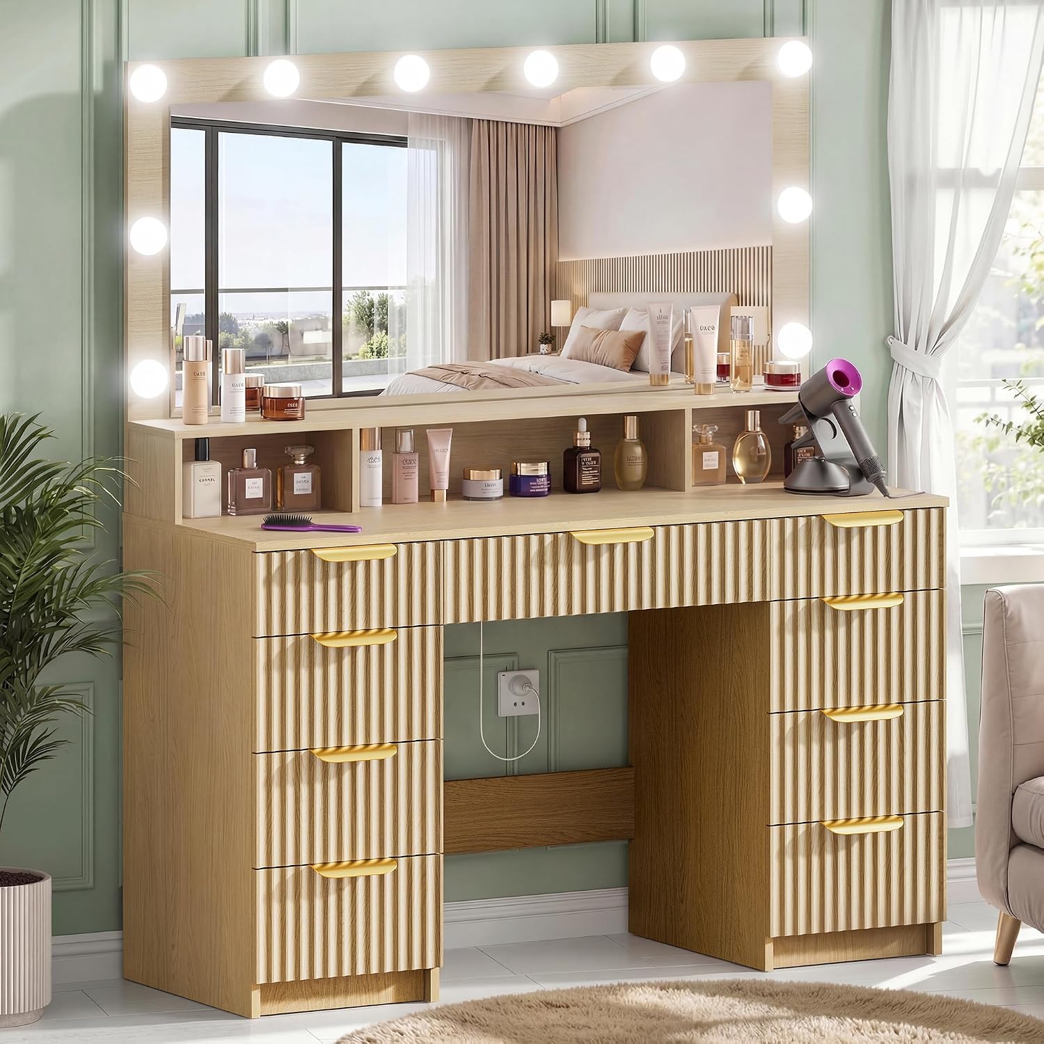 Fluted Vanity Desk with Large Mirror and Adjustable LED Lights, Makeup Vanity Table with Power Outlet, 9 Drawers & Storage Shelf, Bedroom Dressing Table Vanity Set for Girls, Women, Natural Oak