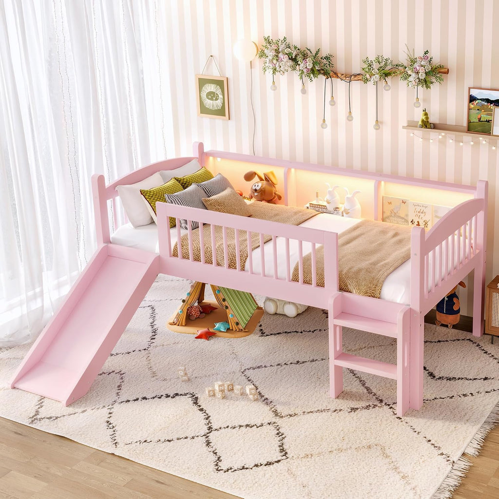 JIVOIT Twin Loft Bed with Storage Shelves, Solid Wood Lower Loft Bed with Full-Length Guardrails, Wood Slats Support, Space-Saving Design, No Box Spring Needed (Pink,Twin,51)