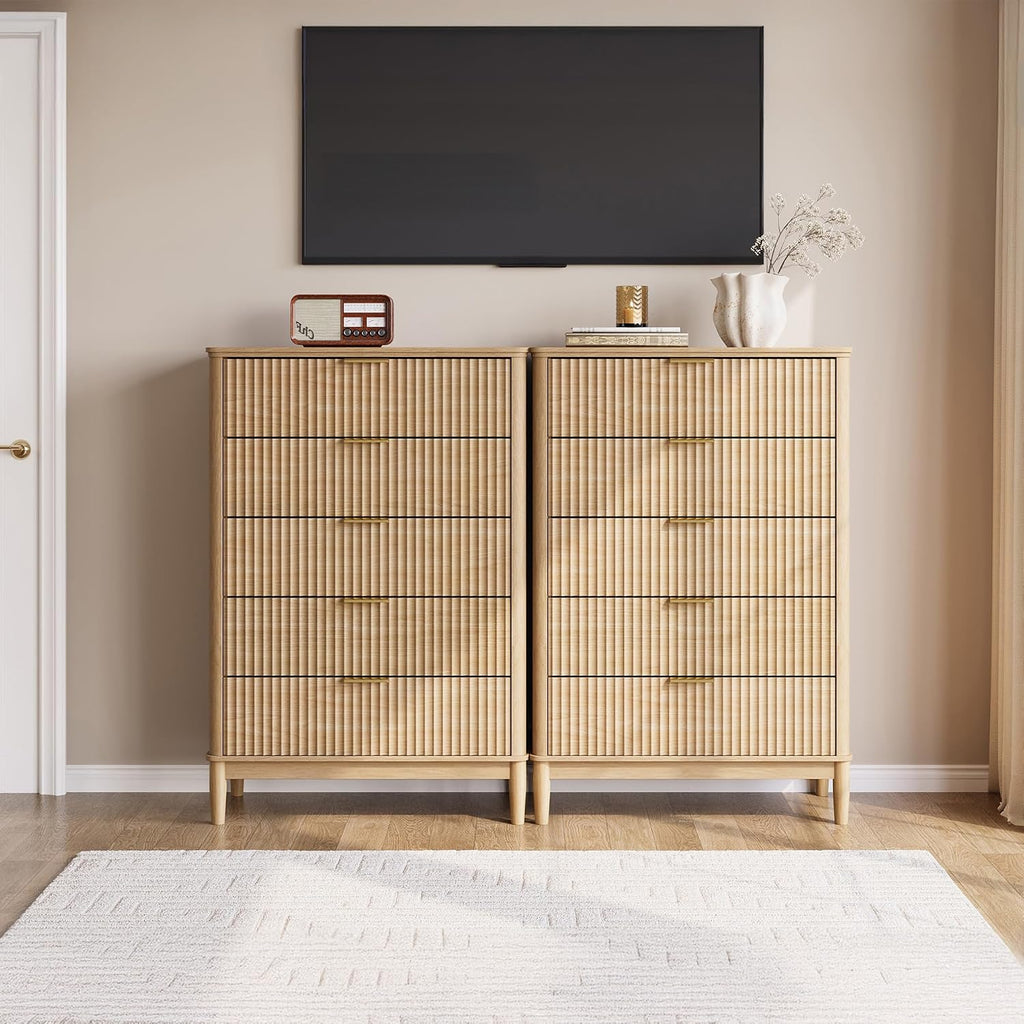 LINSY Fluted 5 Drawer Dresser for Bedroom, 46' Tall Mid-Century Modern Chest of Drawers, Deep Storage Dresser with Curved Corner Design, Large Accent Wood Cabinet for Bedroom, Oak